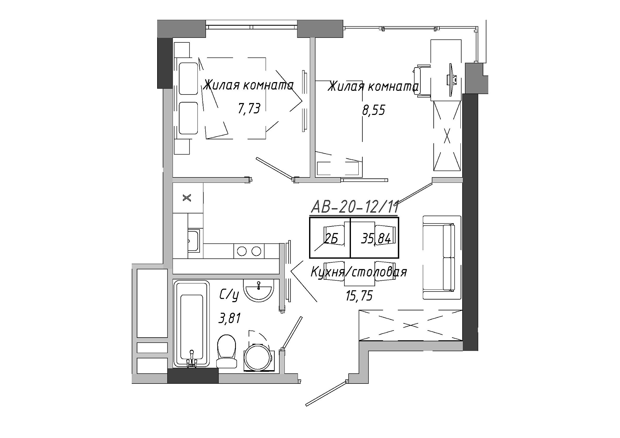 Планировка 2-к квартира площей 36.12м2, AB-20-12/00011.