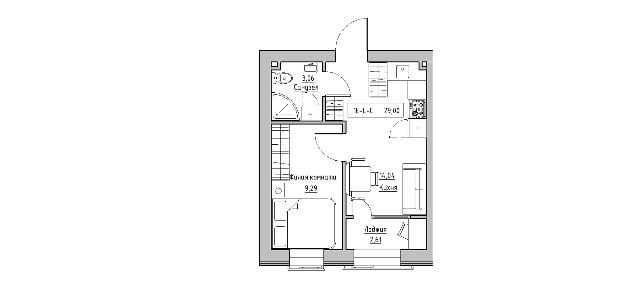 Planning 1-rm flats area 29m2, KS-020-03/0007.