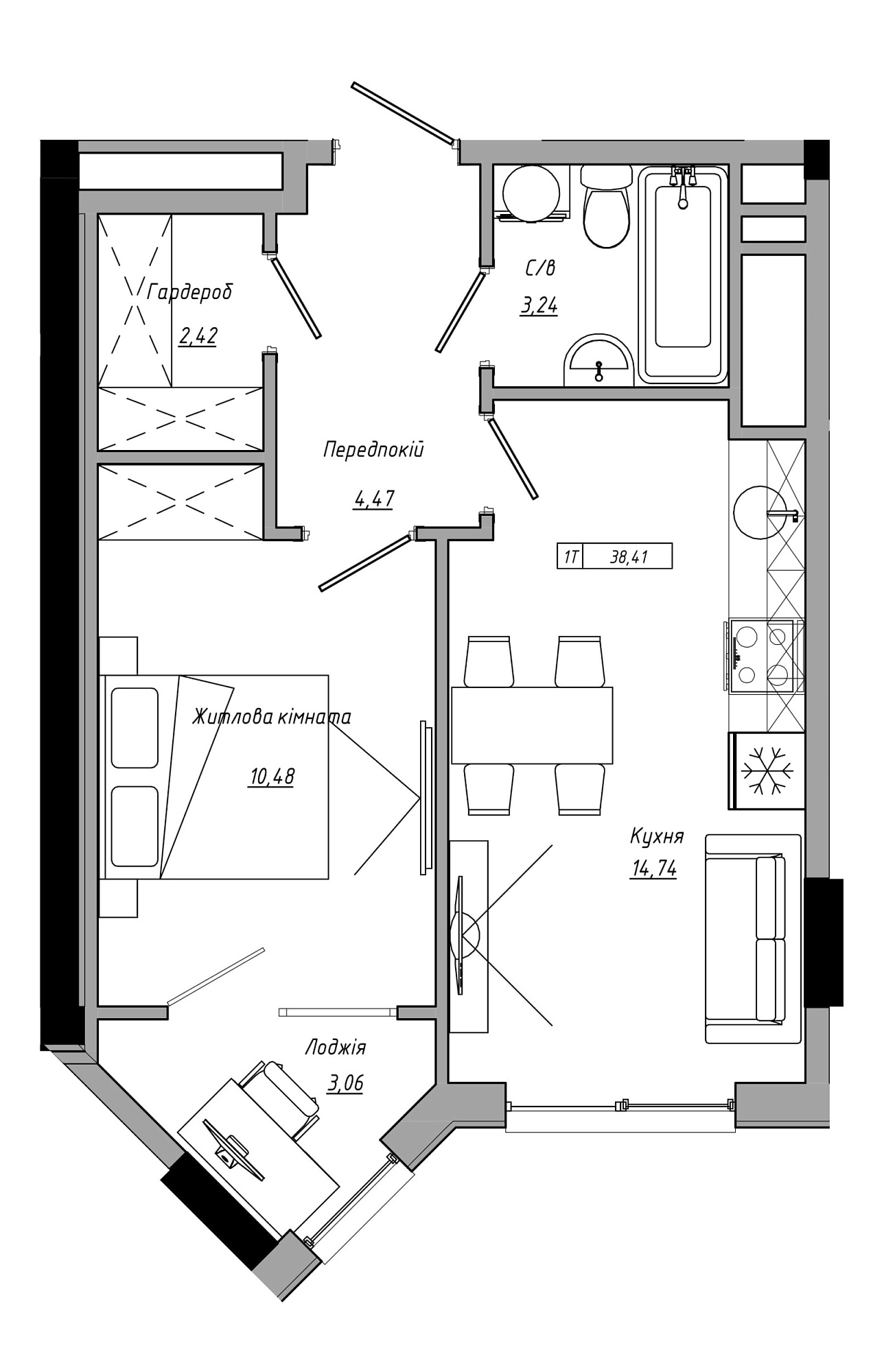 Планування 1-к квартира площею 38.41м2, AB-21-09/00022.