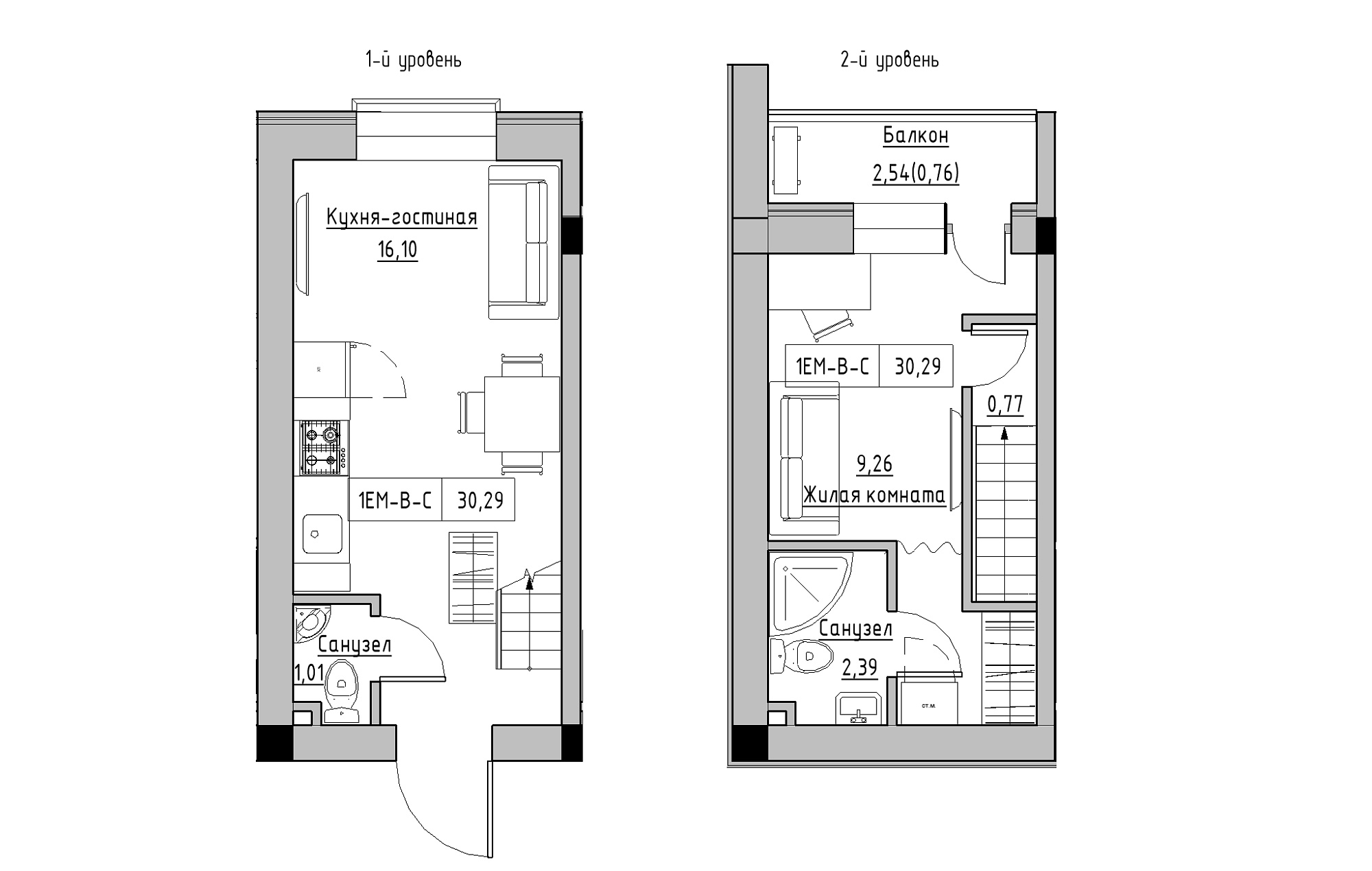 Planning 2-lvl flats area 30.29m2, KS-018-05/0009.