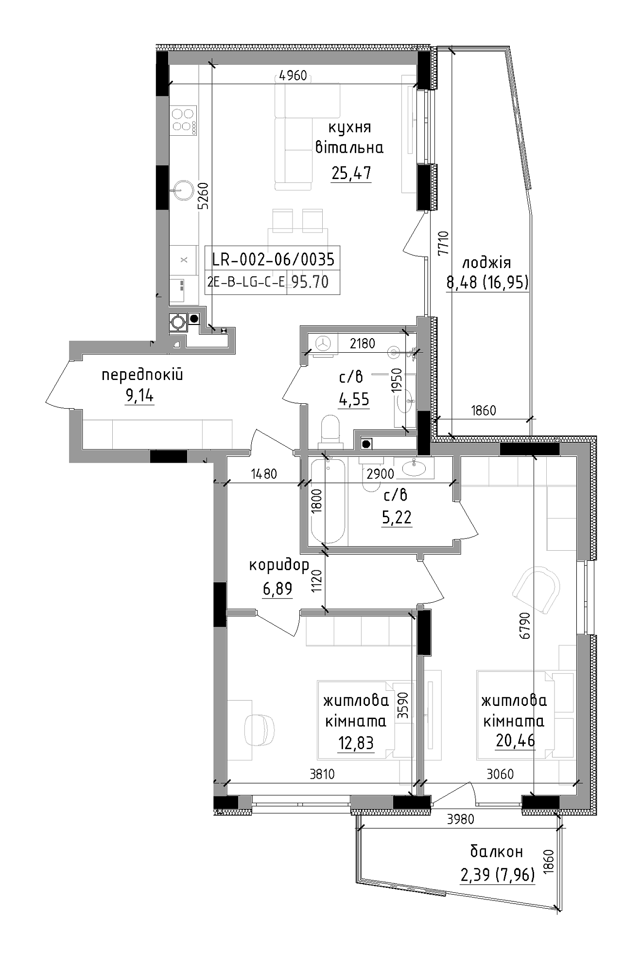 Планування 2-к квартира площею 95.7м2, LR-002-06/0035.