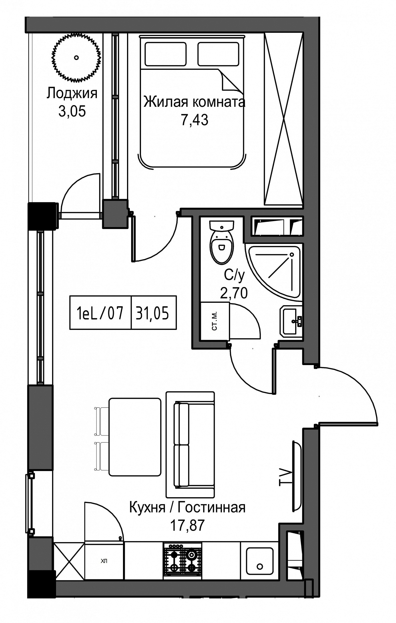 Планування 1-к квартира площею 31.05м2, UM-002-09/0087.