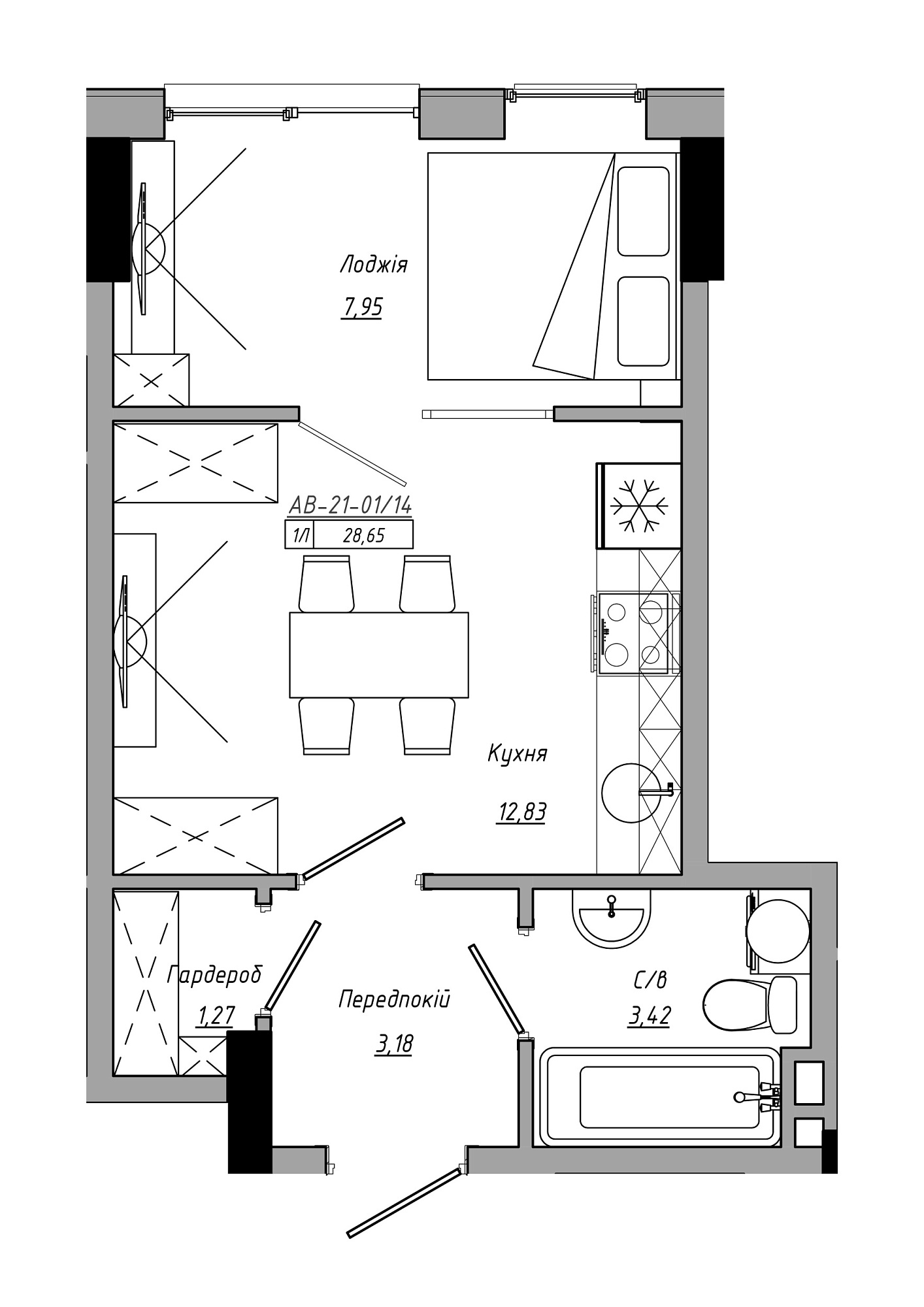Планування 1-к квартира площею 28.65м2, AB-21-01/00014.