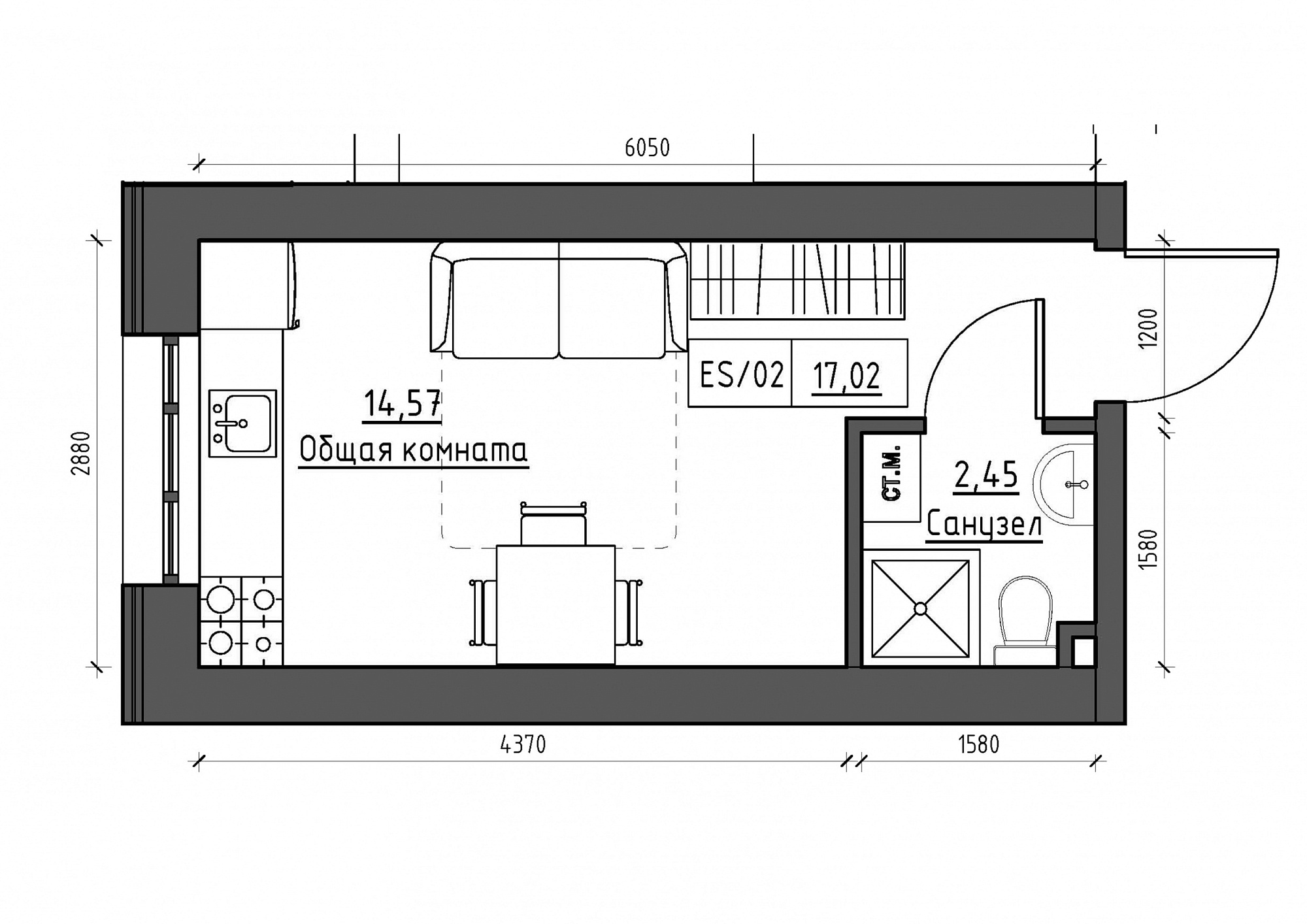 Планування Smart-квартира площею 17.02м2, KS-011-05/0002.