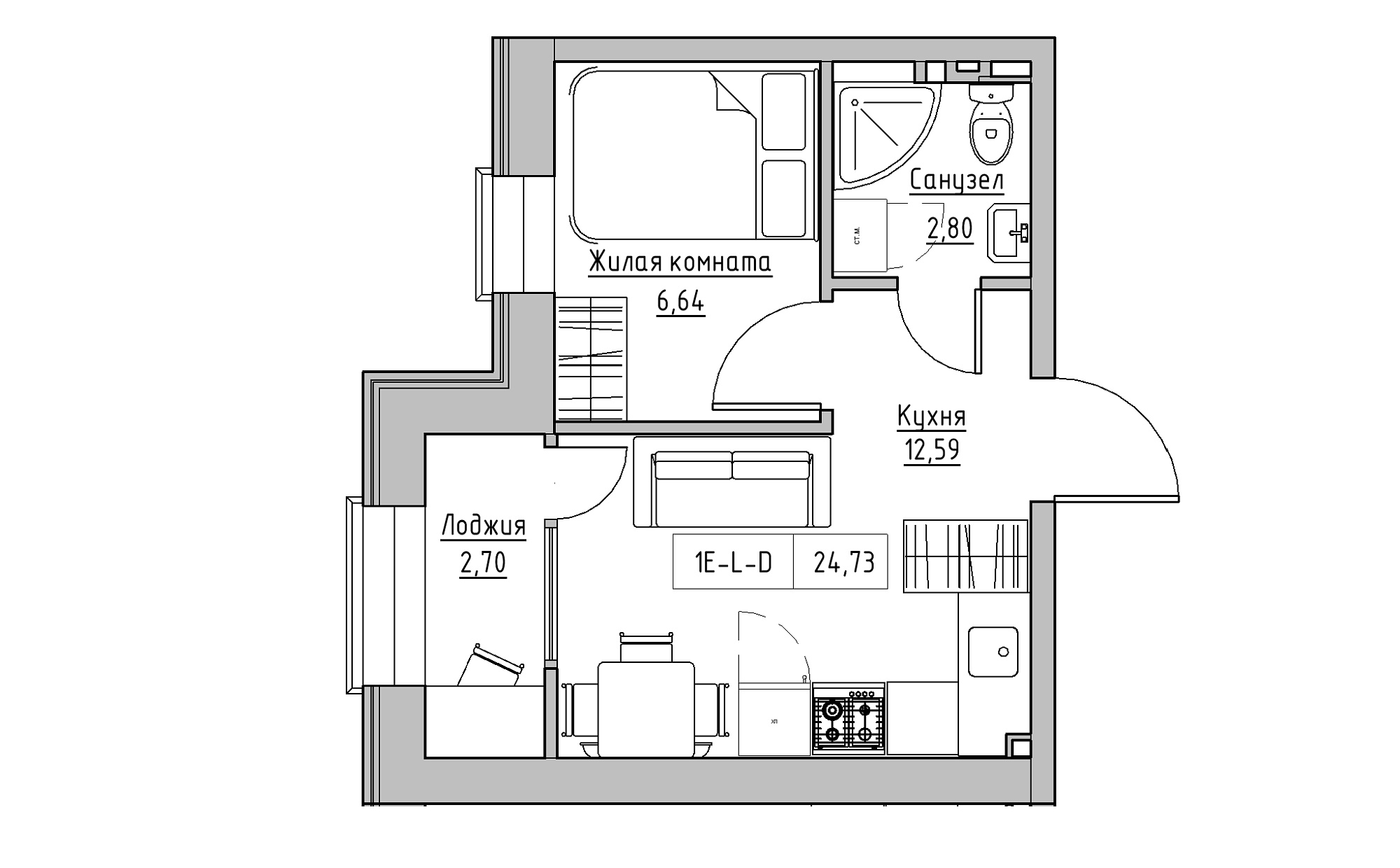 Planning 1-rm flats area 24.73m2, KS-022-05/0016.