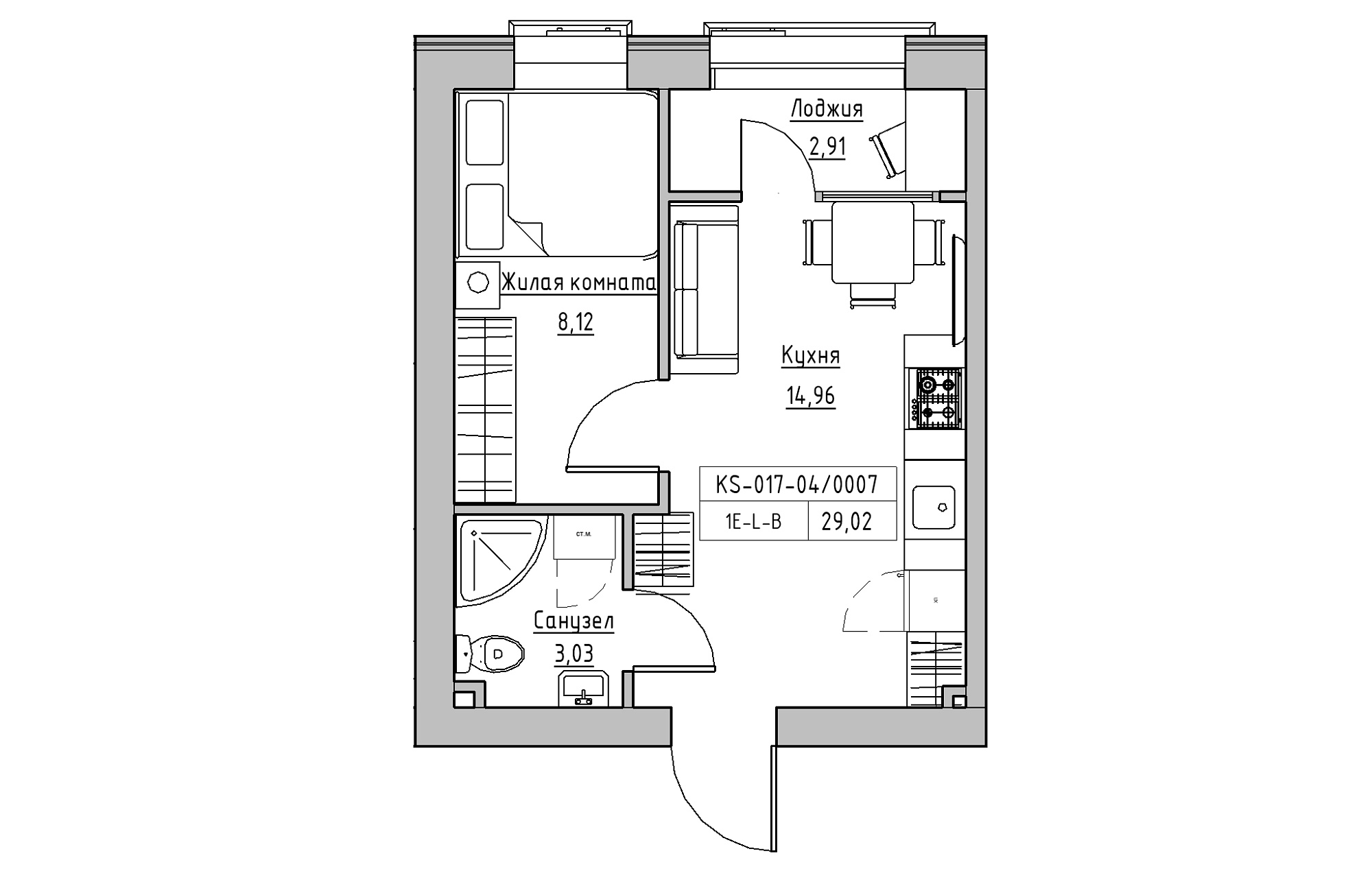 Планировка 1-к квартира площей 29.02м2, KS-017-04/0007.