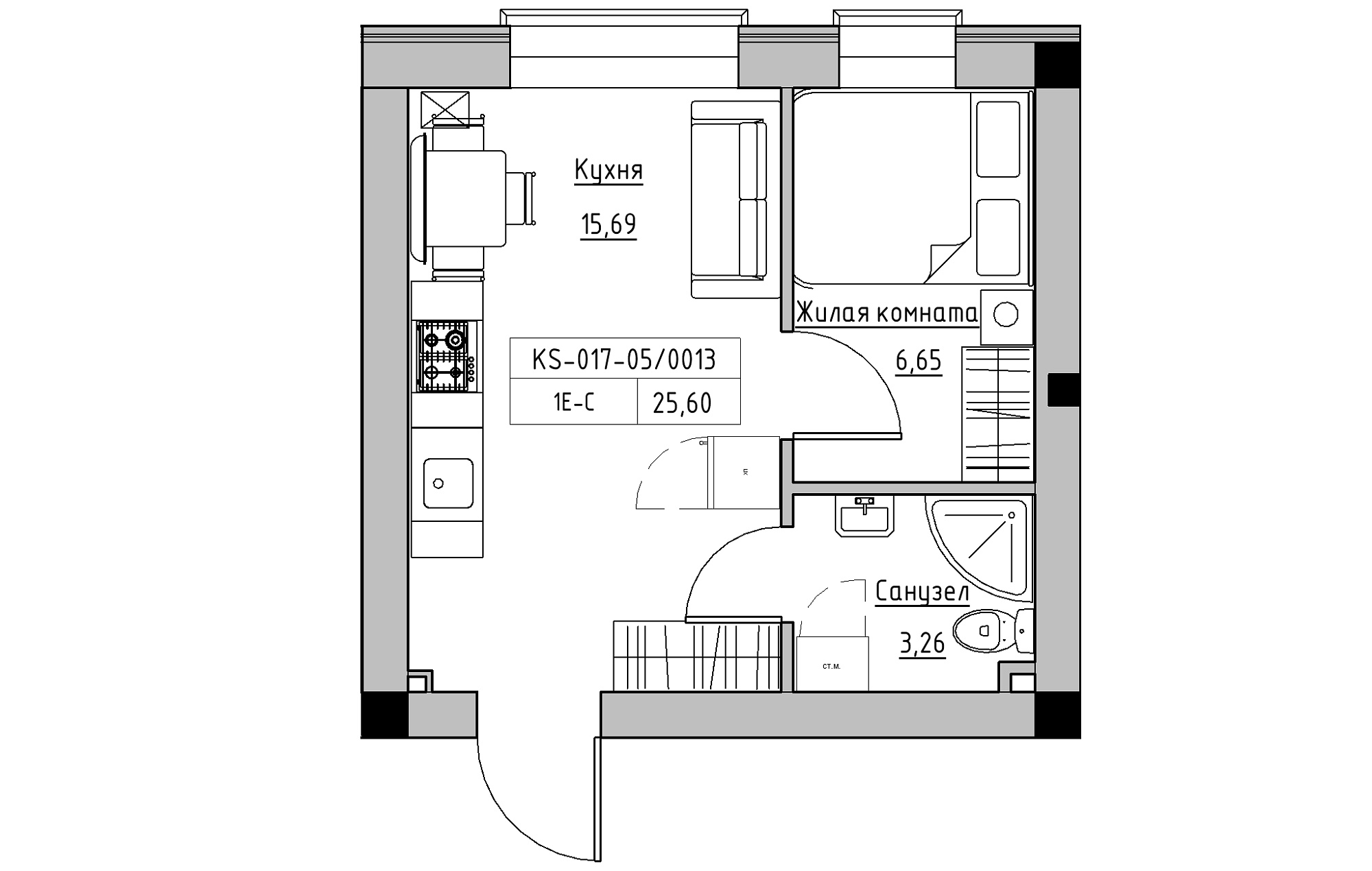 Planning 1-rm flats area 25.6m2, KS-017-05/0013.