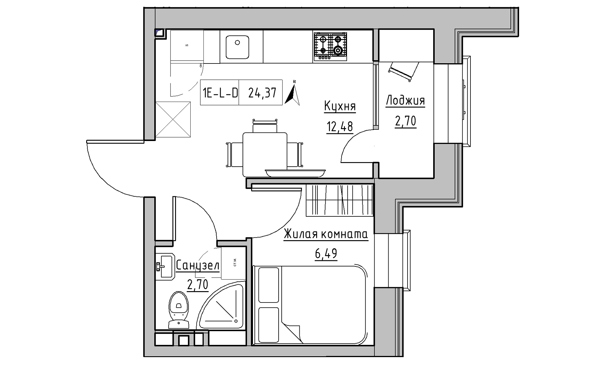 Планування 1-к квартира площею 24.37м2, KS-016-02/0015.