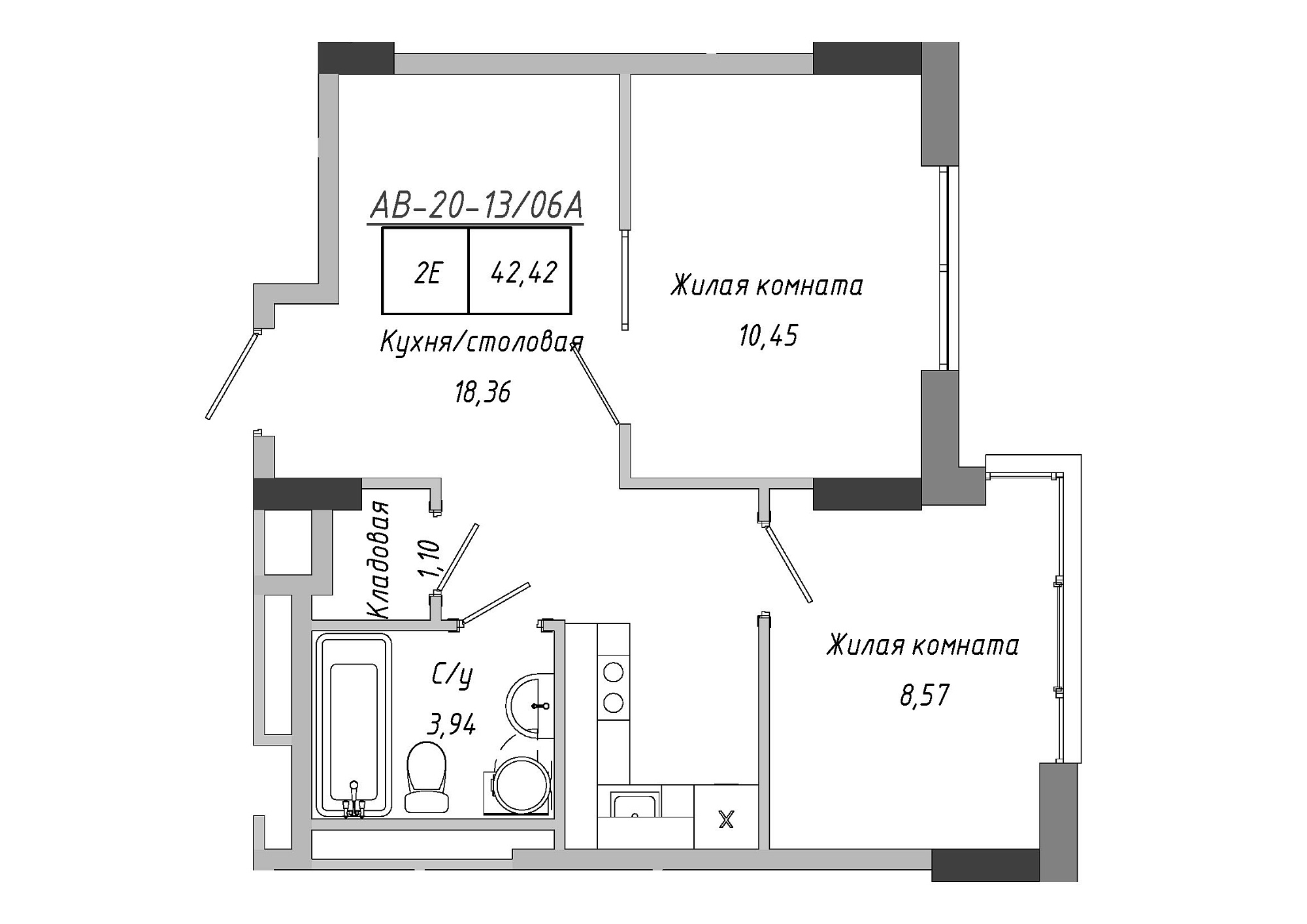 Планировка 2-к квартира площей 42.42м2, AB-20-13/0106a.