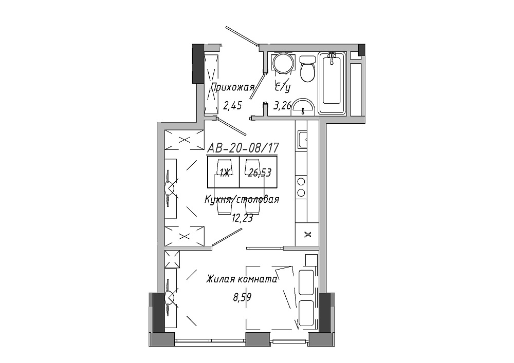 Планування 1-к квартира площею 26.98м2, 35972dcd-6534-11ea-ba99-00155d42e317.