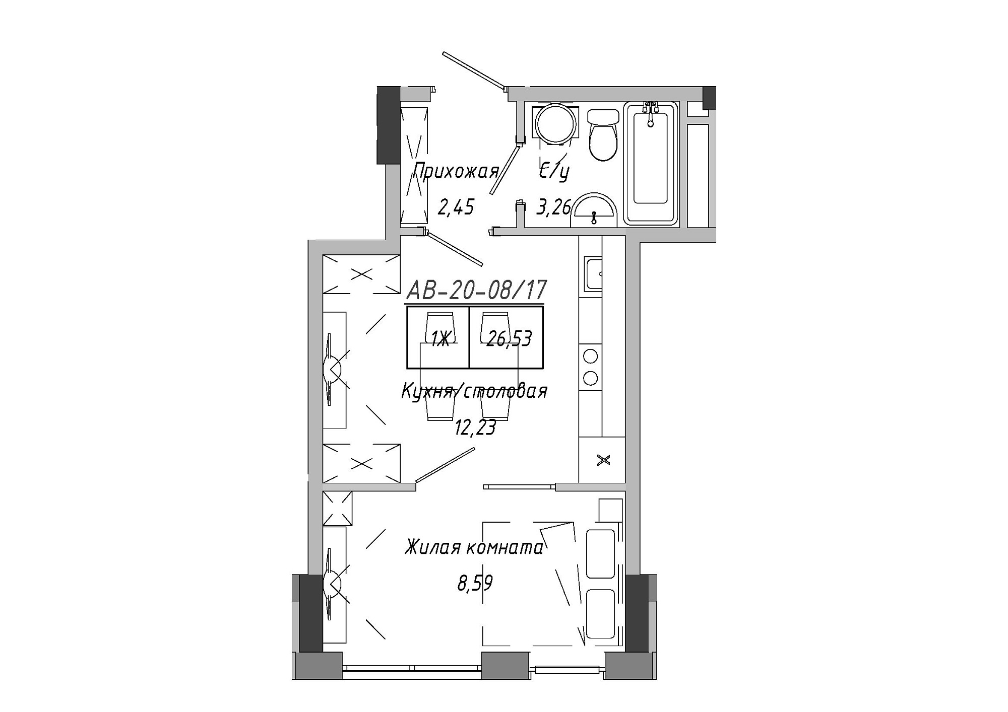 Планировка 1-к квартира площей 26.98м2, AB-20-08/00017.