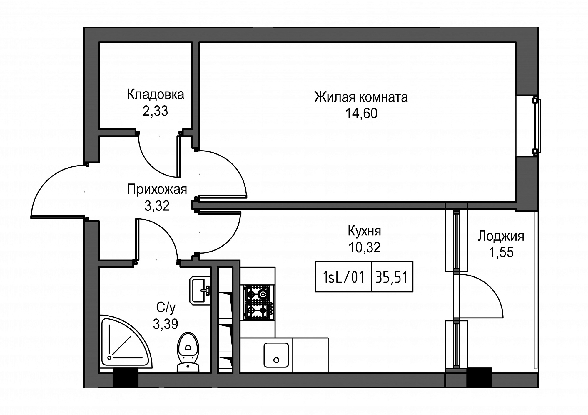Планировка 1-к квартира площей 35.51м2, UM-002-03/0001.
