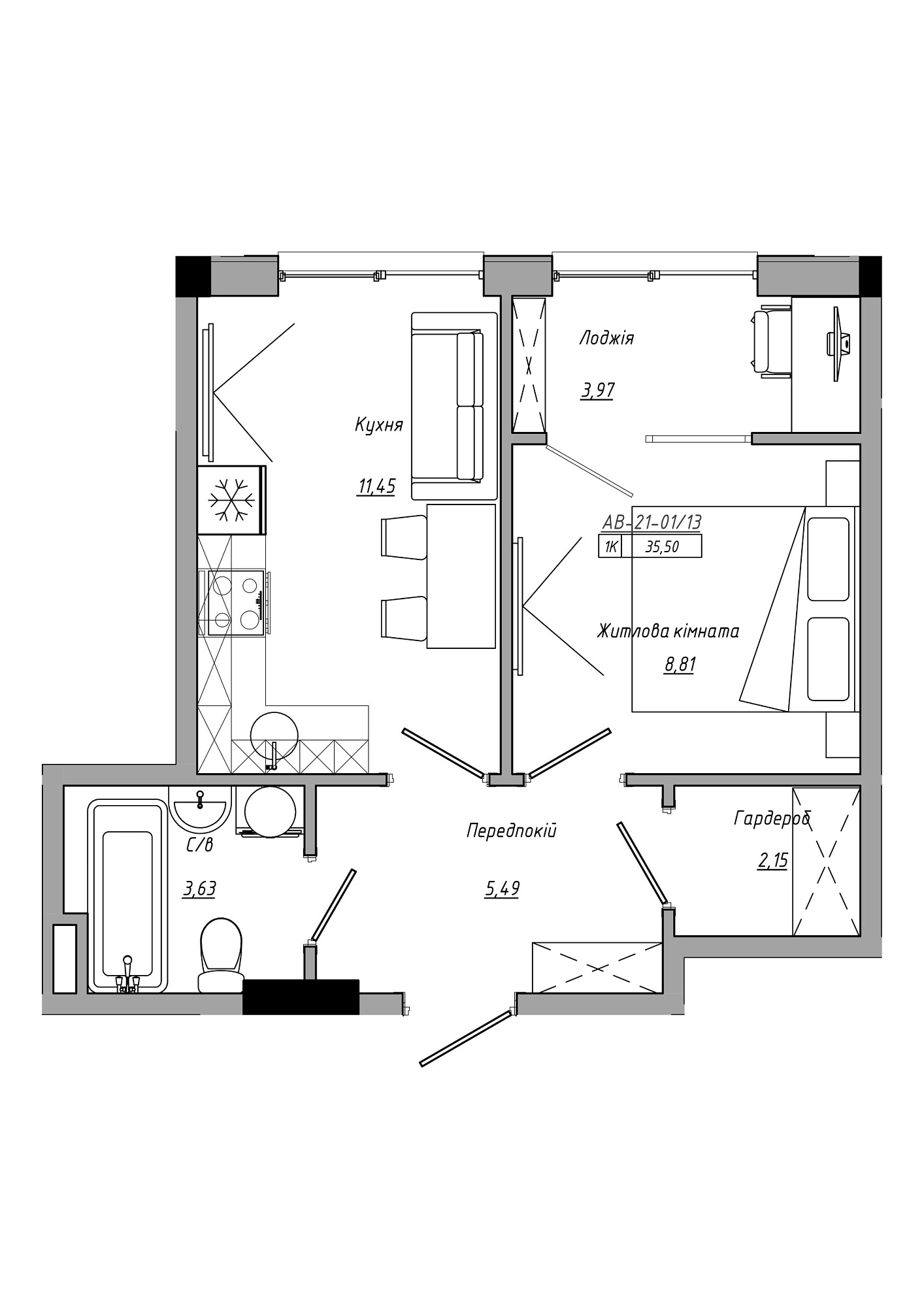 Планировка 1-к квартира площей 35.5м2, AB-21-01/00013.