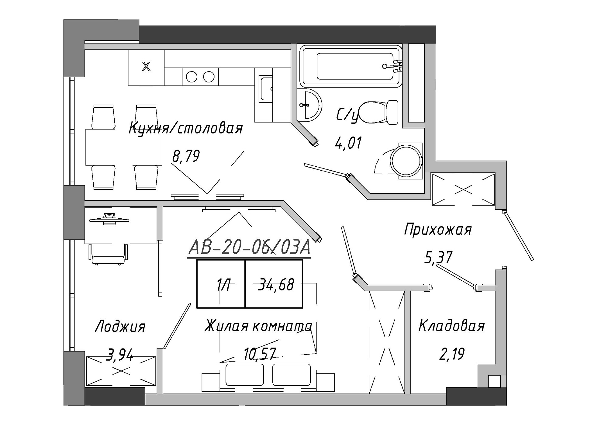 Планировка 1-к квартира площей 35.26м2, AB-20-06/0003а.
