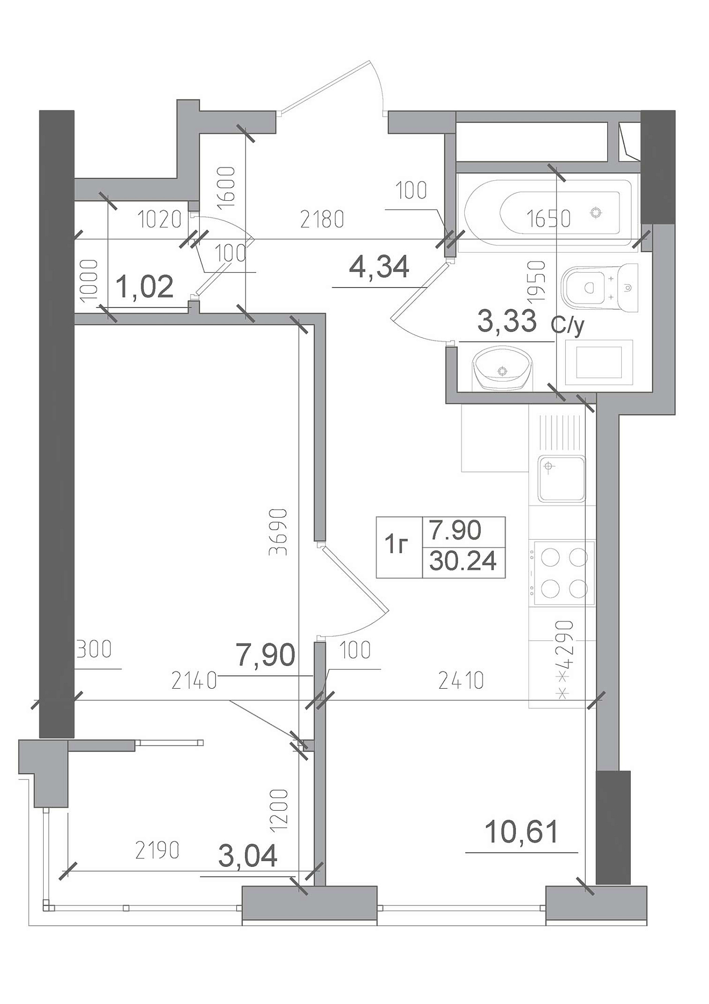 Планировка 1-к квартира площей 30.24м2, AB-22-03/00005.