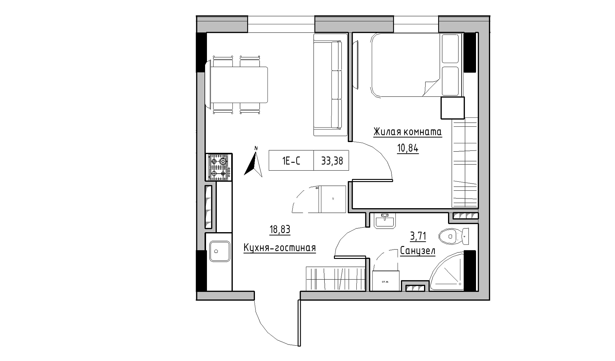 Планировка 1-к квартира площей 33.38м2, KS-025-03/0010.