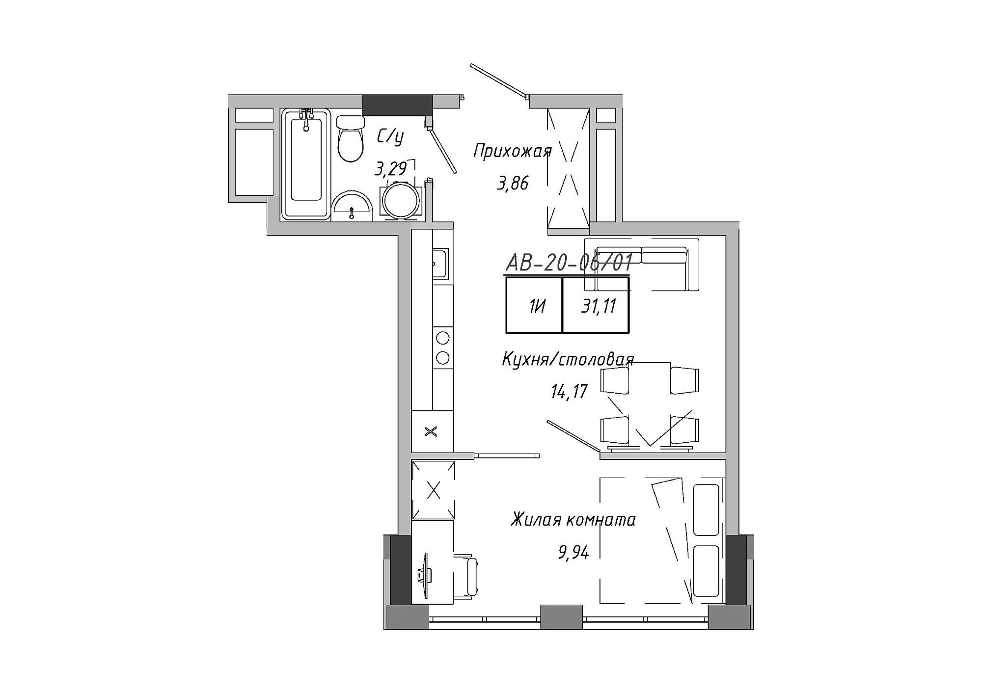 Планировка 1-к квартира площей 30.28м2, AB-20-06/00001.