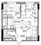 Планировка 2-к квартира площей 39.45м2, AB-05-02/00006.
