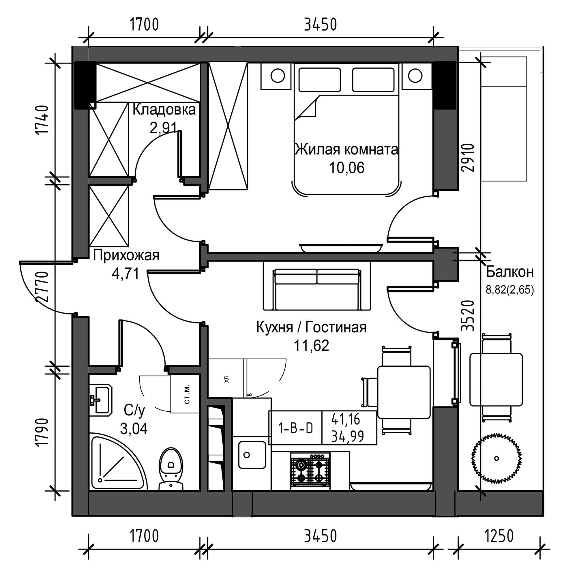Планировка 1-к квартира площей 34.99м2, UM-001-05/0024.