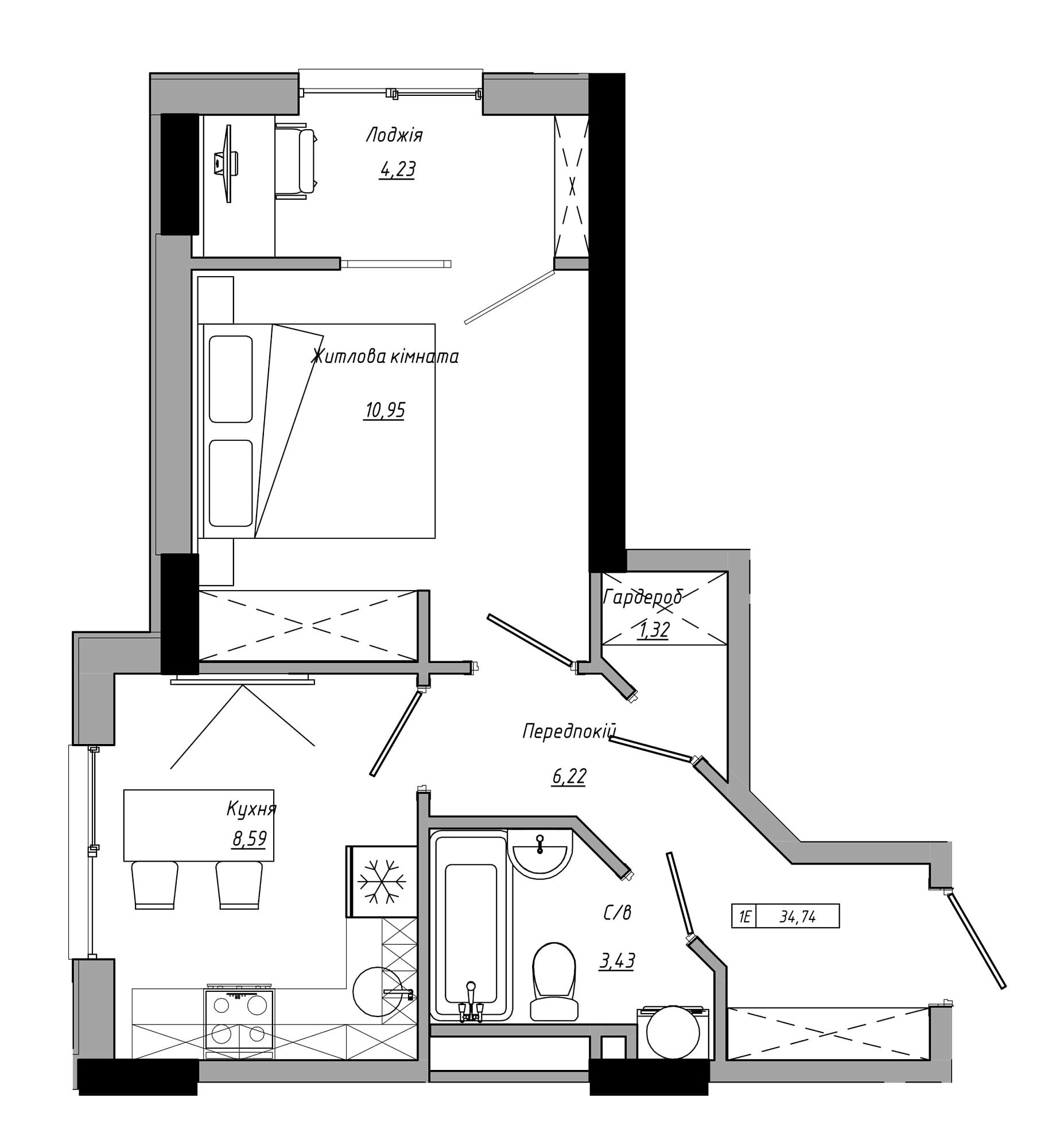 Планировка 1-к квартира площей 34.74м2, AB-21-10/00009.