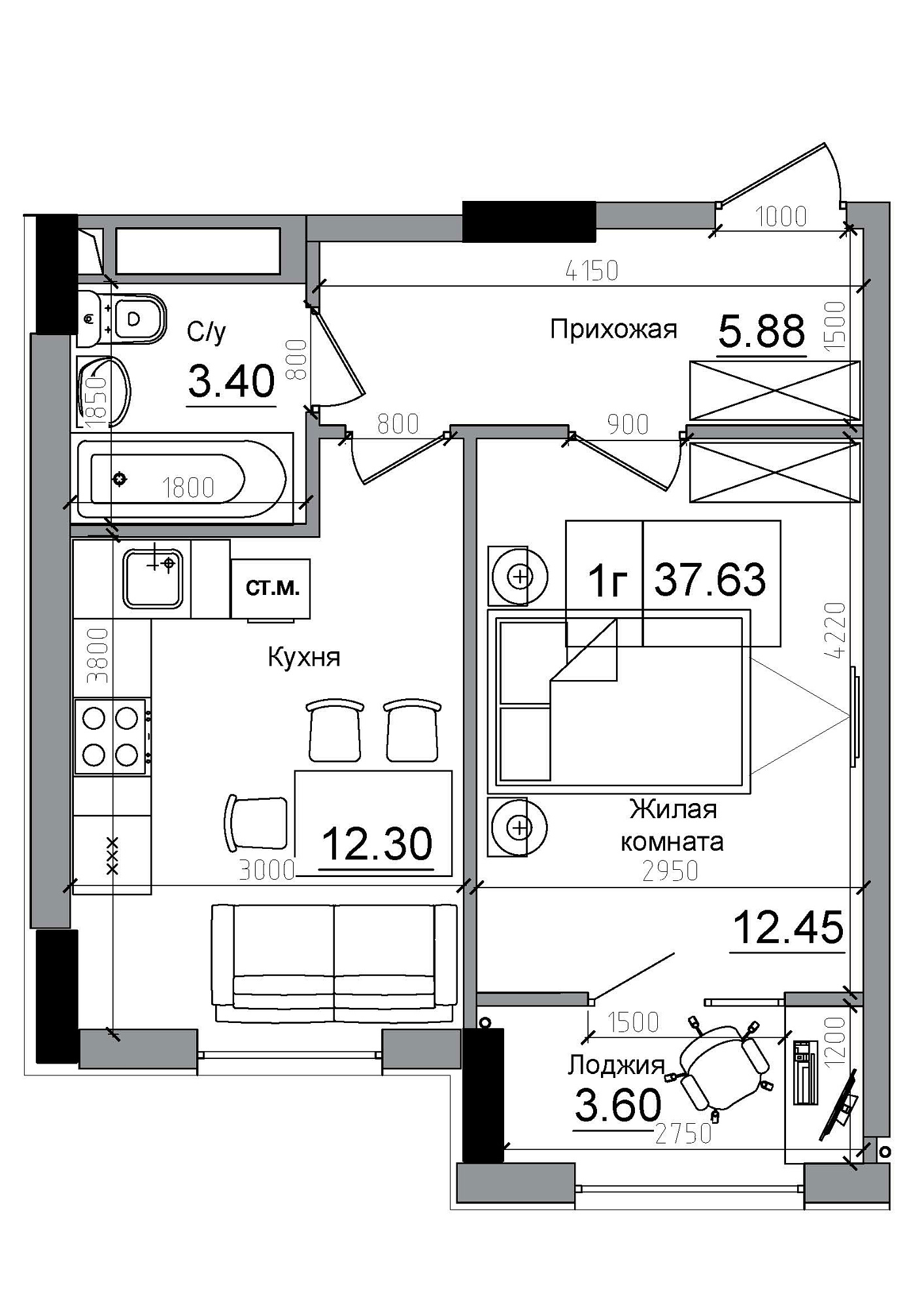 Планировка 1-к квартира площей 37.63м2, AB-12-03/00004.