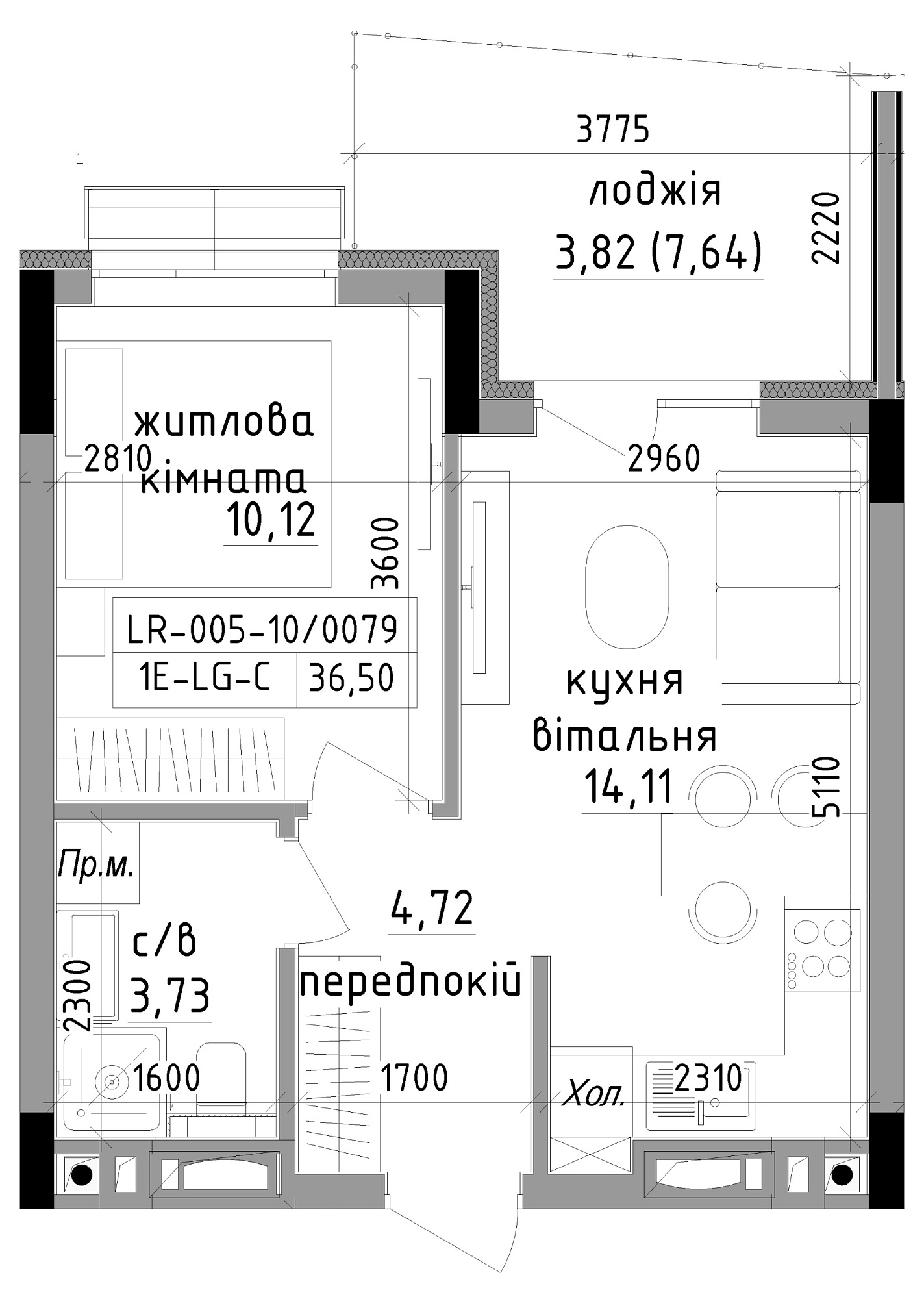 Планування 1-к квартира площею 36.5м2, LR-005-10/0079.