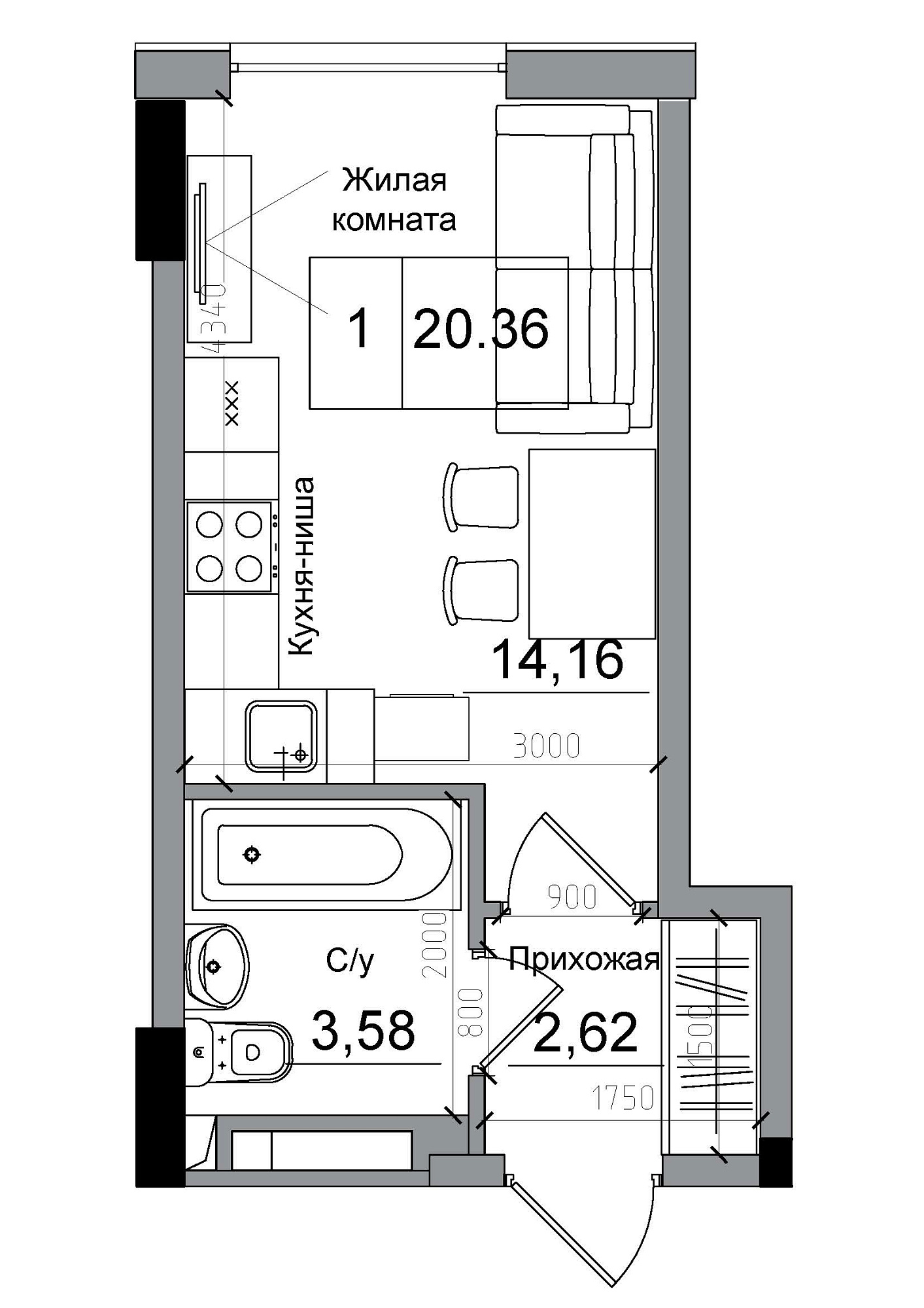 Планировка Smart-квартира площей 20.36м2, AB-04-07/0007а.