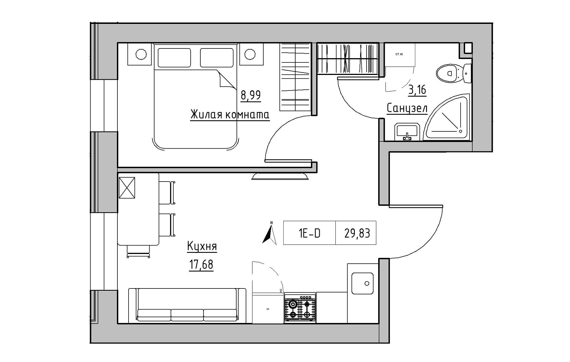 Planning 1-rm flats area 29.83m2, KS-019-01/0003.