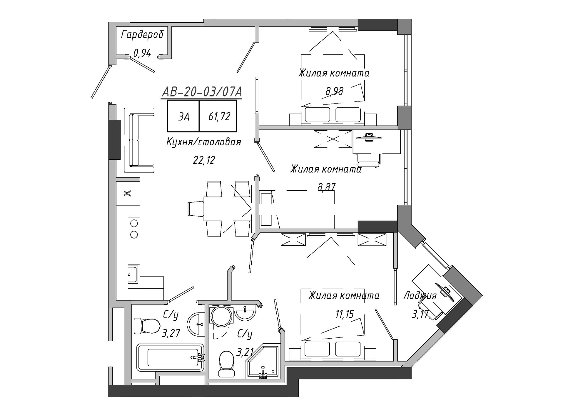 Планування 3-к квартира площею 61.72м2, AB-20-03/0007а.