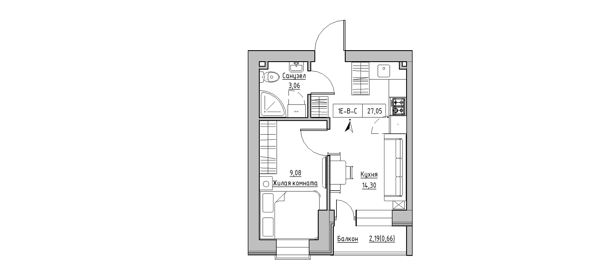 Планировка 1-к квартира площей 27.05м2, KS-020-05/0008.
