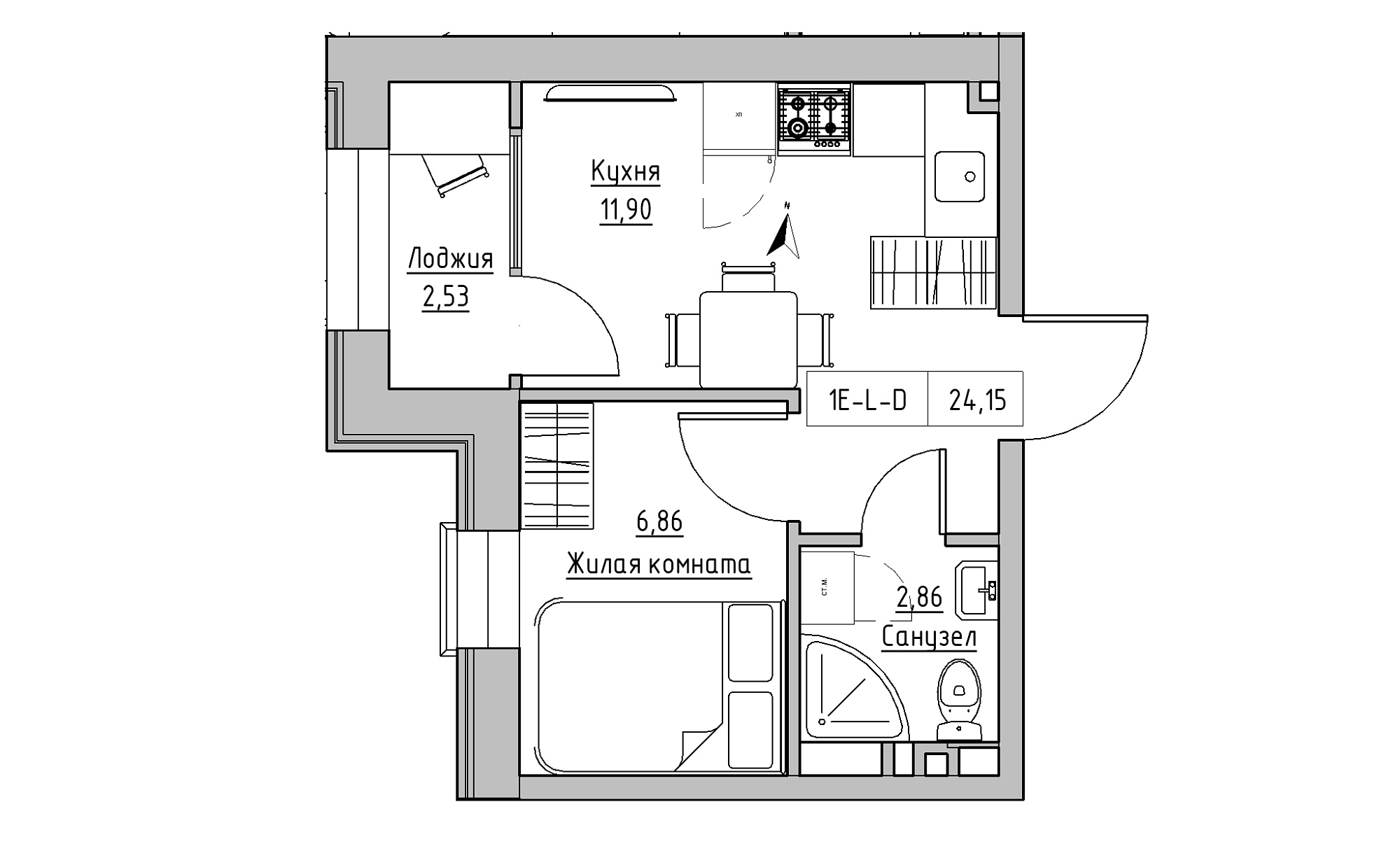 Планировка 1-к квартира площей 24.15м2, KS-023-02/0001.