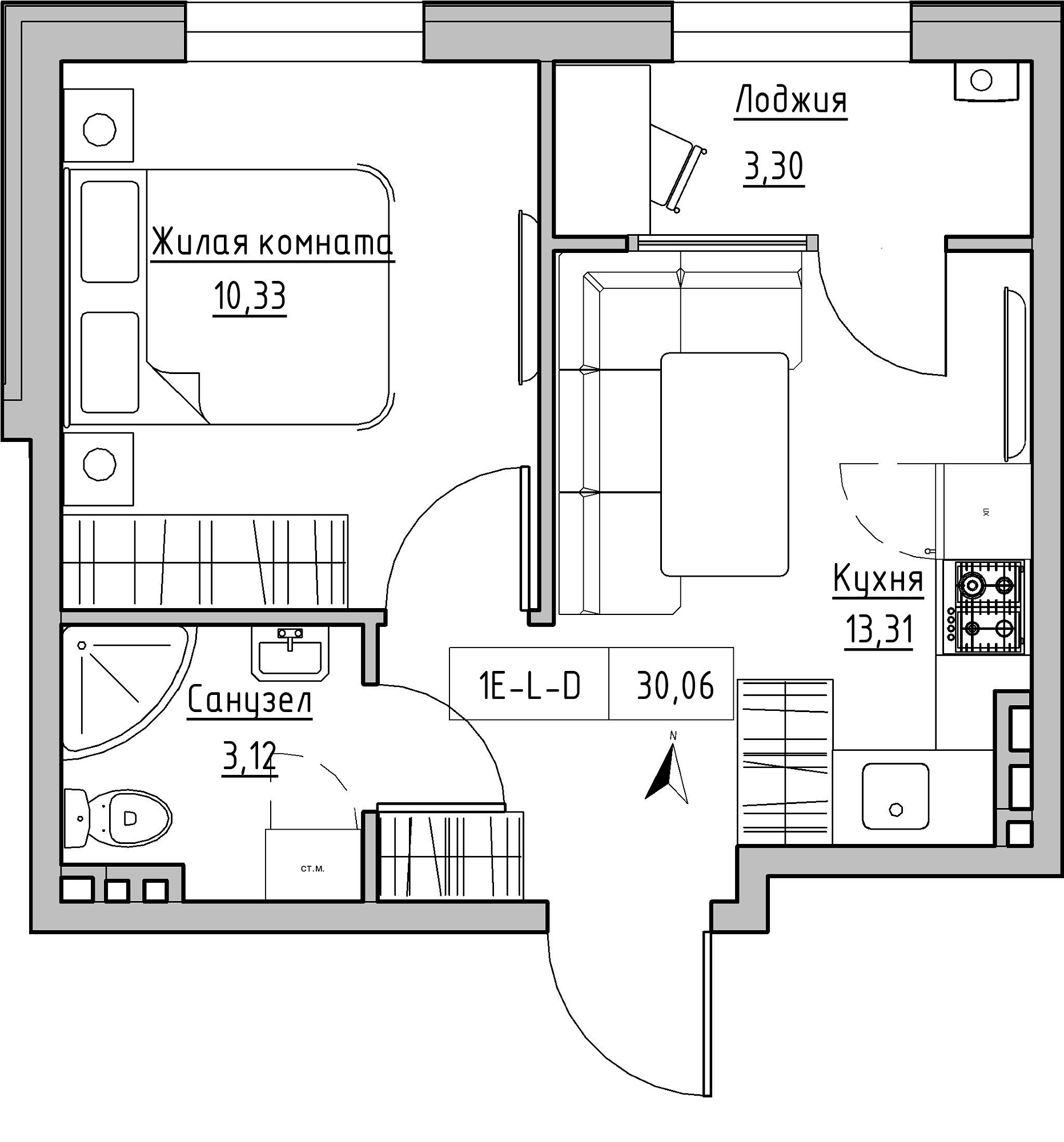 Планування 1-к квартира площею 30.06м2, KS-024-02/0001.