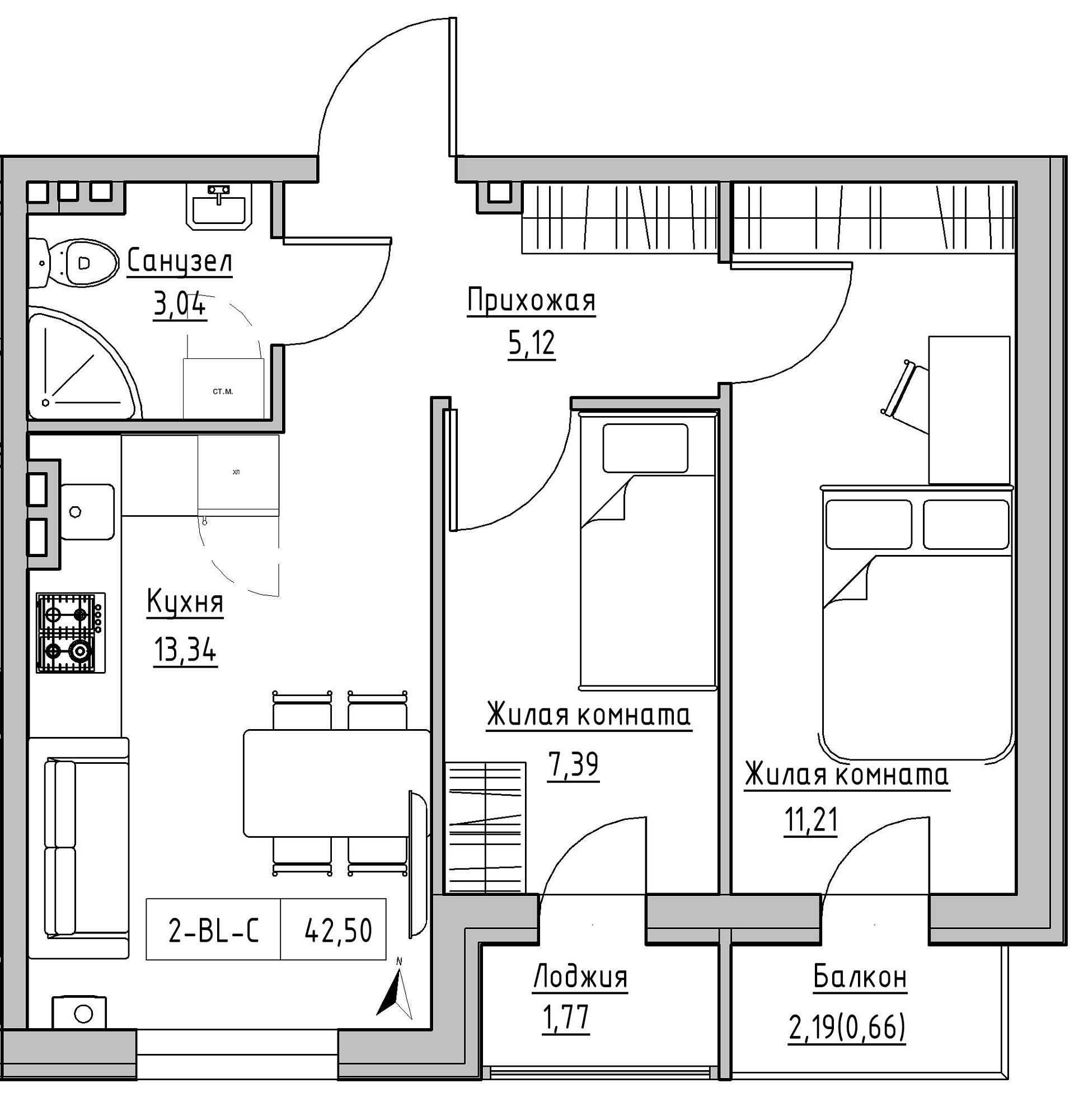 Планировка 2-к квартира площей 42.5м2, KS-024-02/0005.