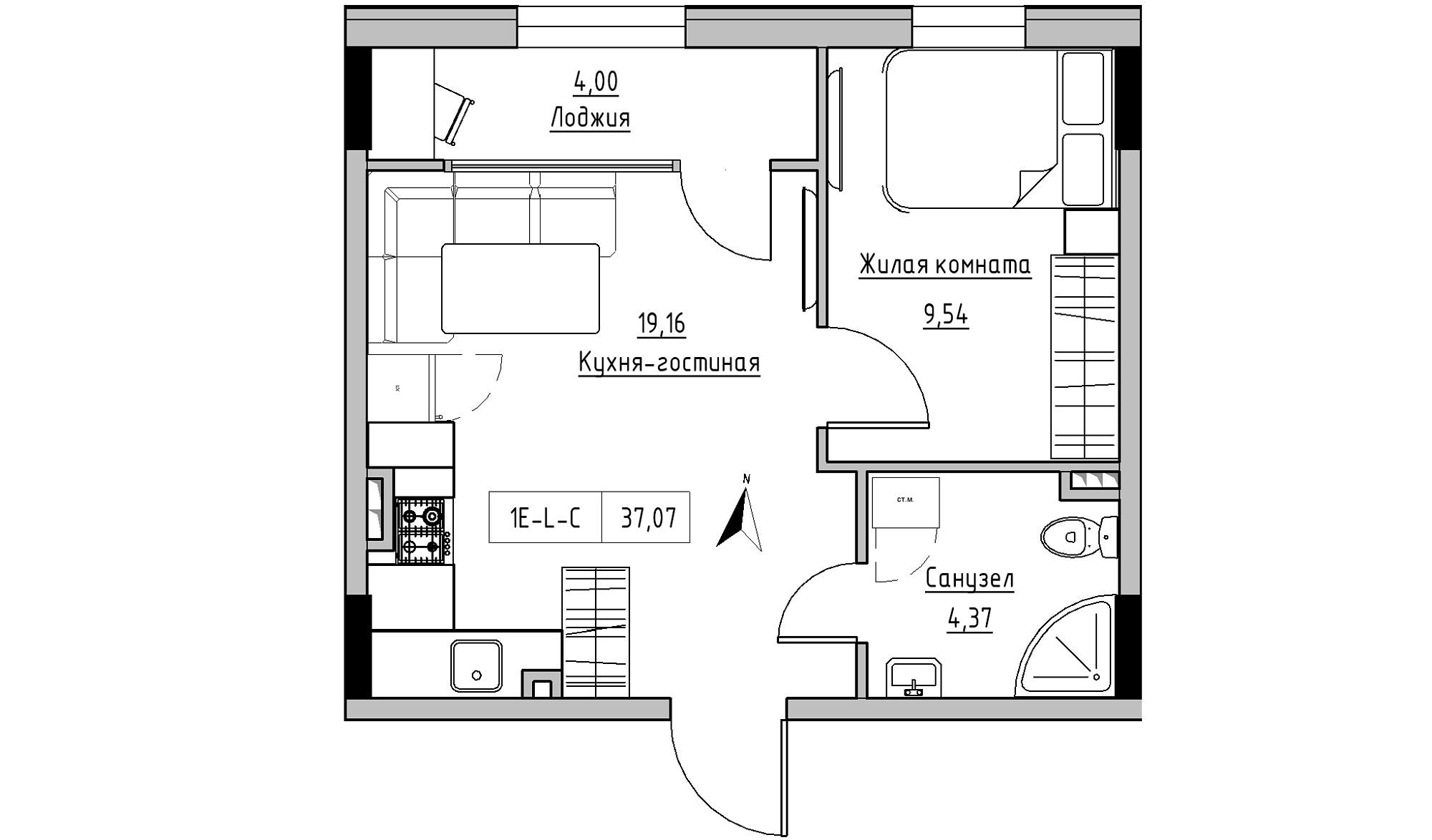 Планировка 1-к квартира площей 37.07м2, KS-025-02/0008.