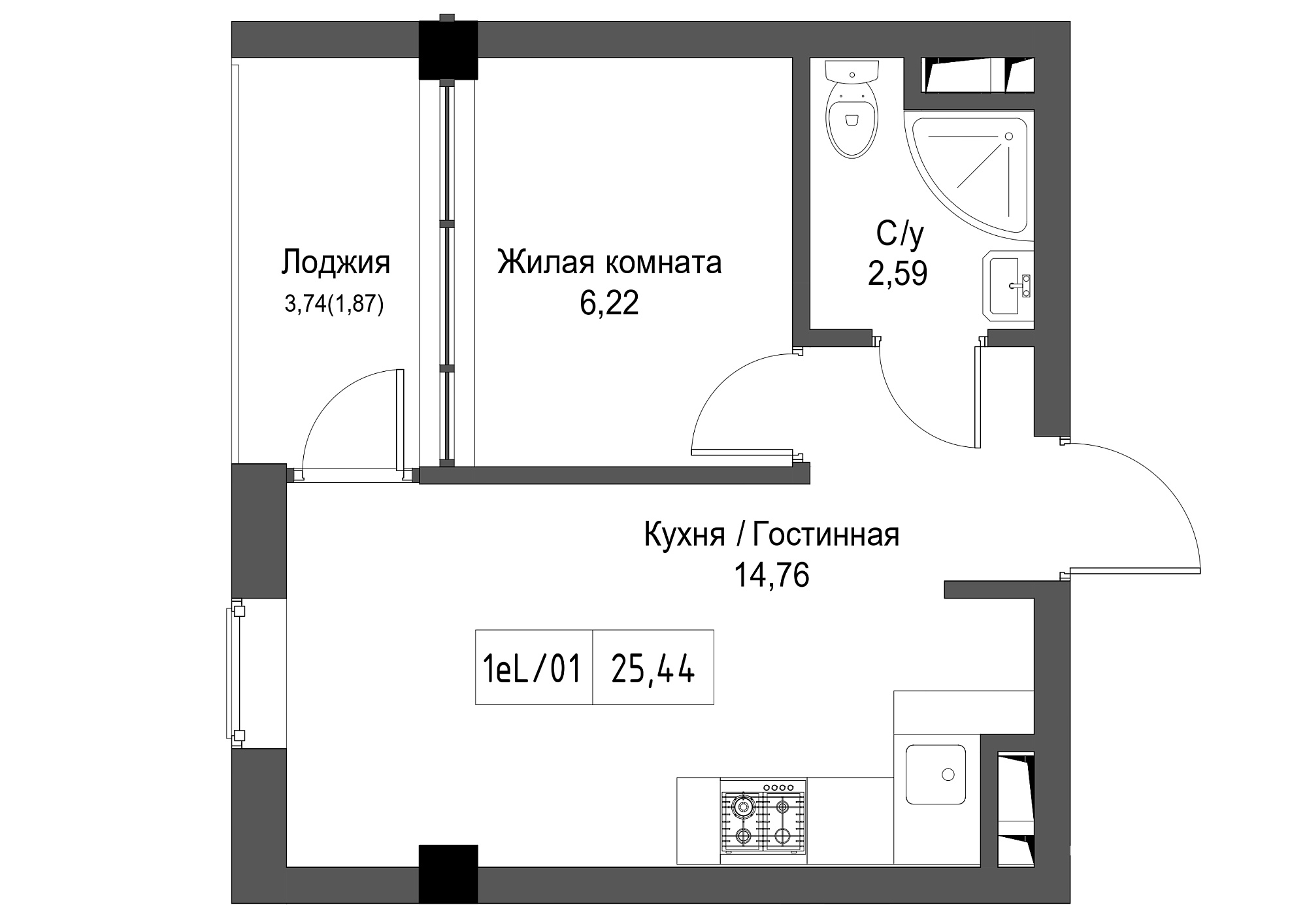 Планування 1-к квартира площею 25.44м2, UM-002-02/0095.