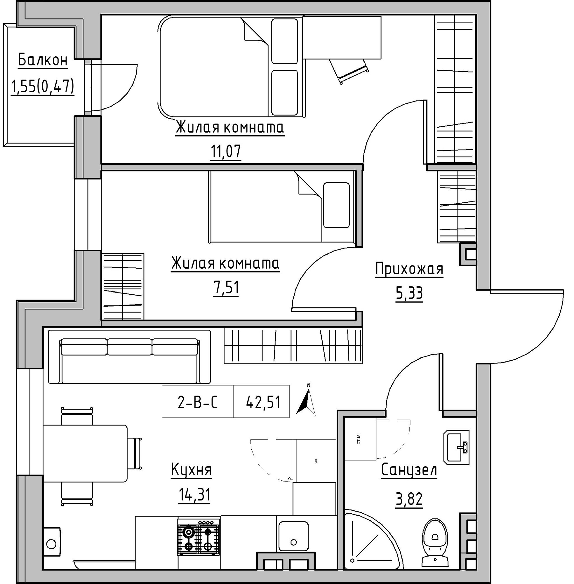 Планування 2-к квартира площею 42.51м2, KS-024-02/0010.