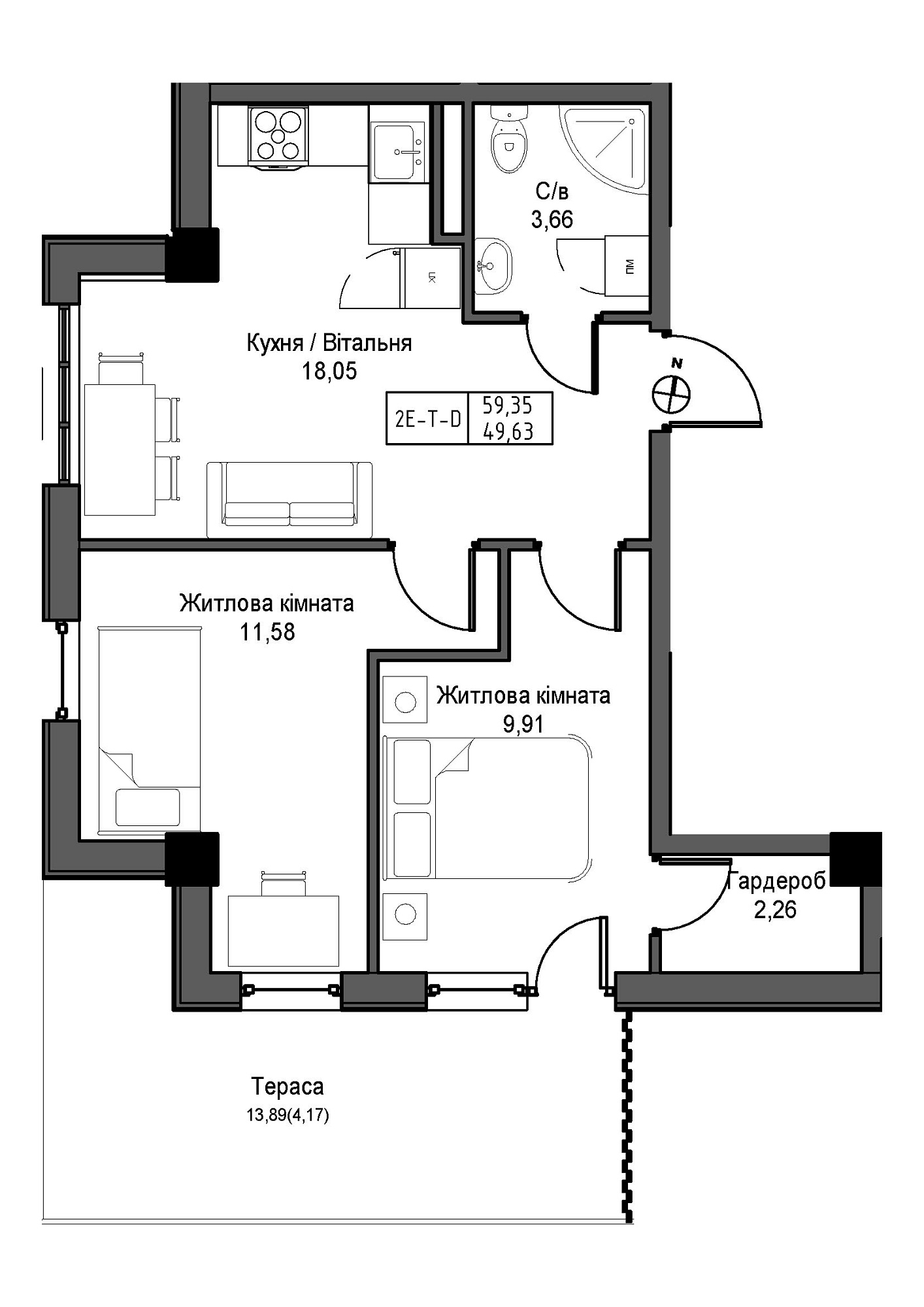 Планування 2-к квартира площею 49.63м2, UM-007-08/0011.