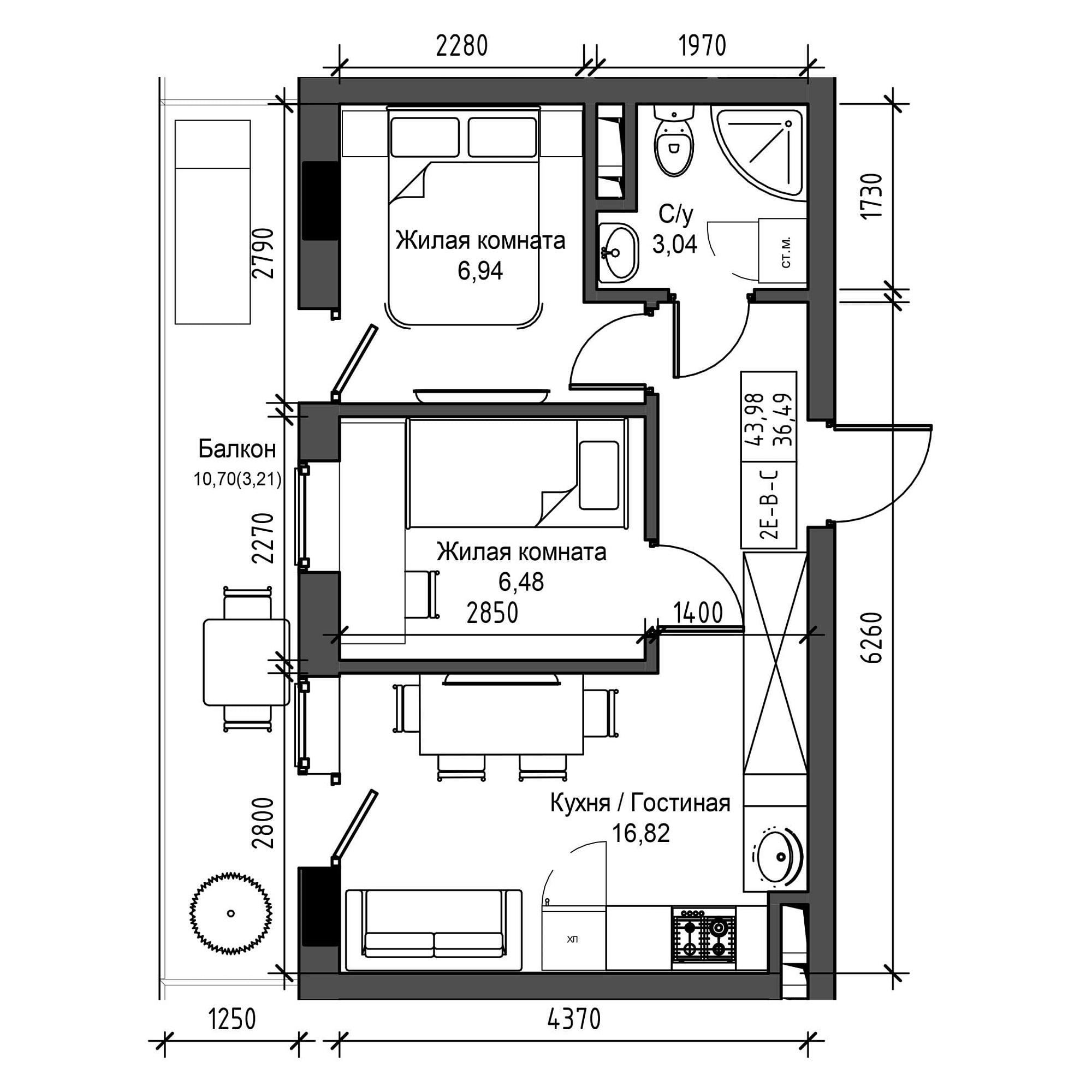 Планування 2-к квартира площею 36.49м2, UM-001-05/0017.