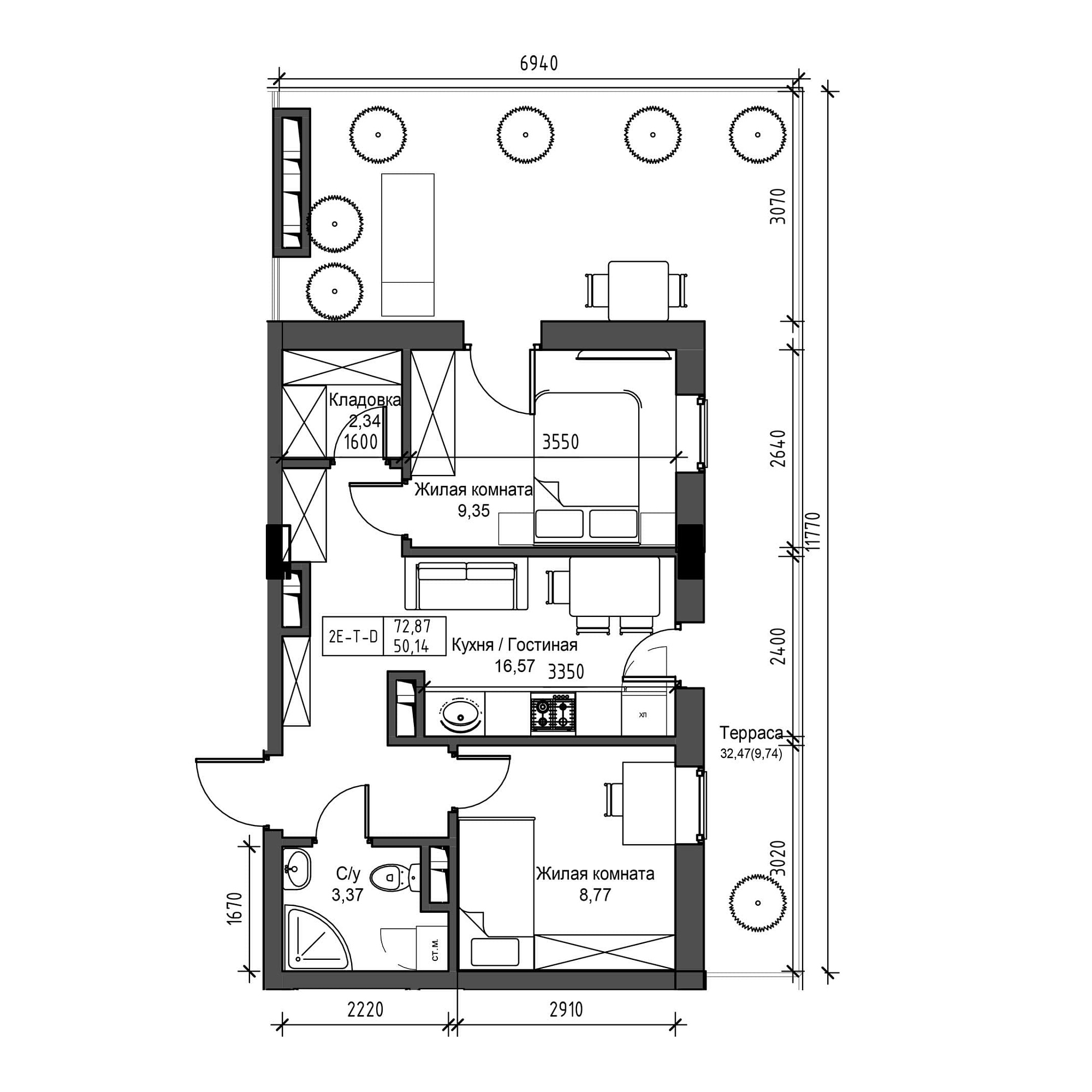 Планування 2-к квартира площею 50.14м2, UM-001-08/0023.