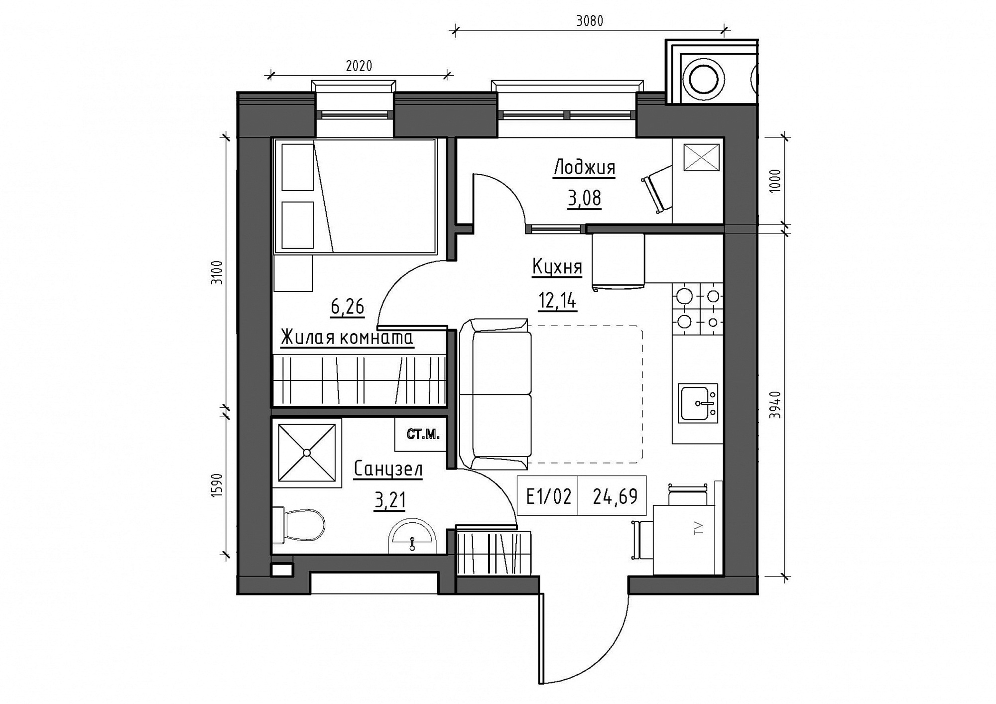 Планировка 1-к квартира площей 24.69м2, KS-011-05/0017.