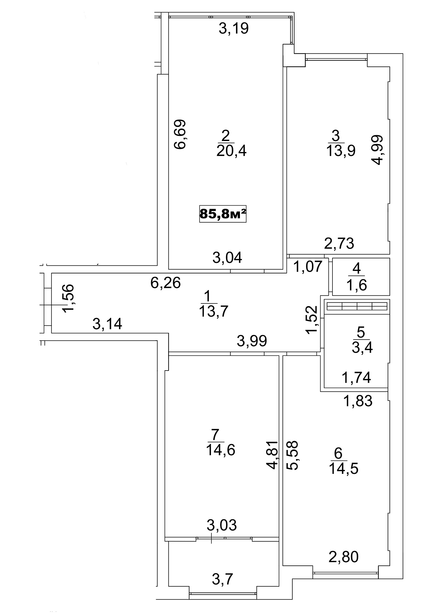 Планировка 3-к квартира площей 85.8м2, AB-13-10/00085.
