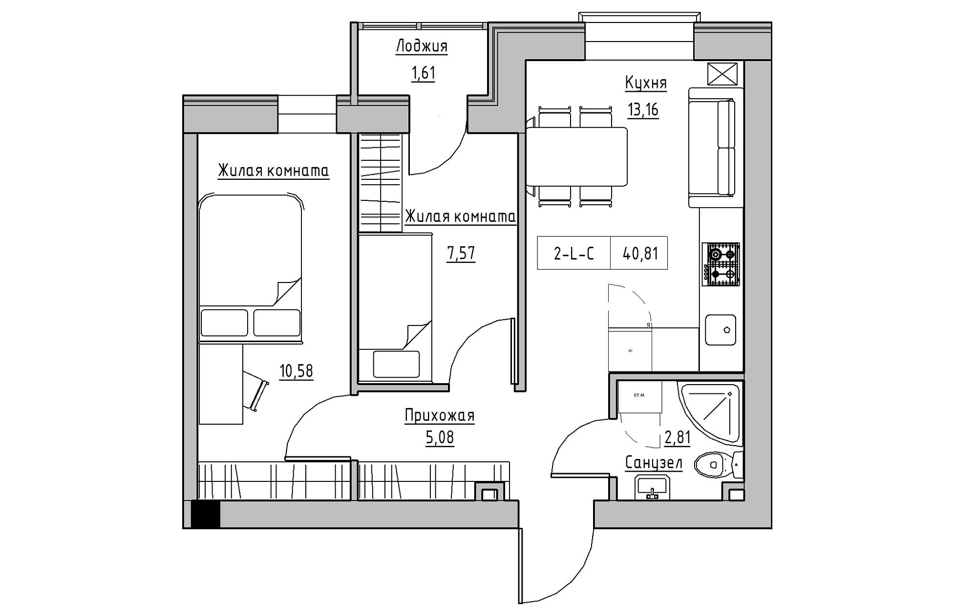 Планировка 2-к квартира площей 40.81м2, KS-022-01/0005.