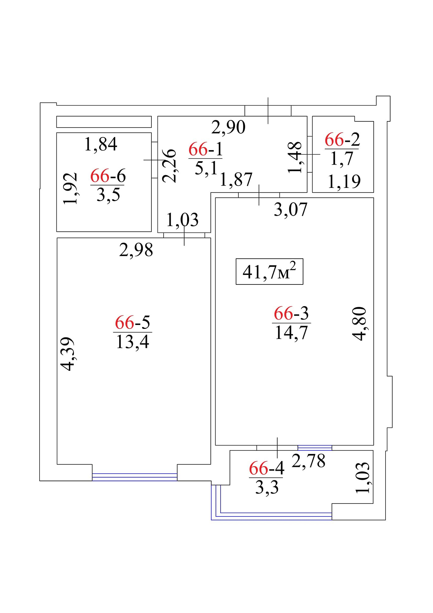 Планування 1-к квартира площею 41.7м2, AB-01-07/00062.