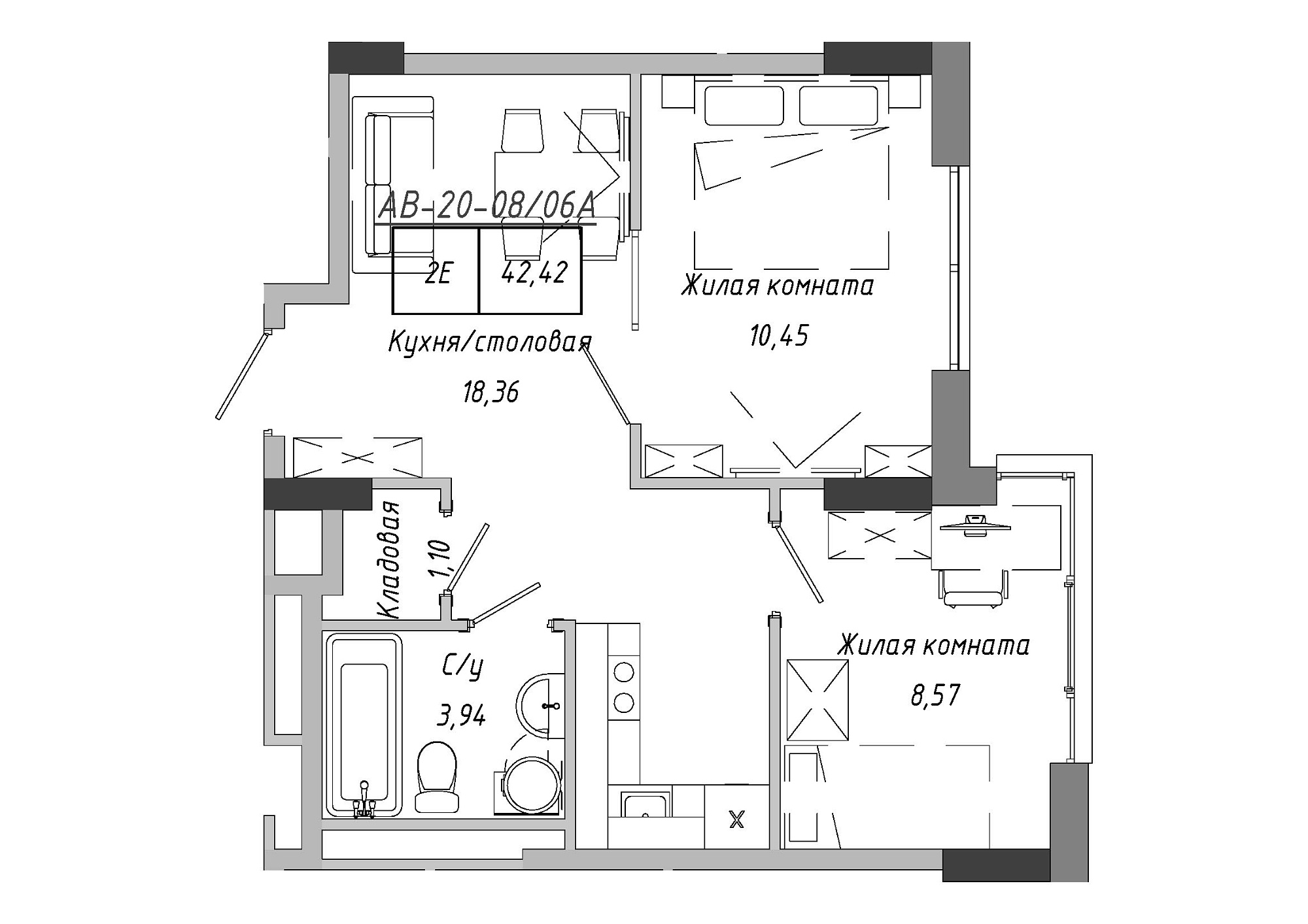 Планування 2-к квартира площею 42.85м2, AB-20-08/0006а.