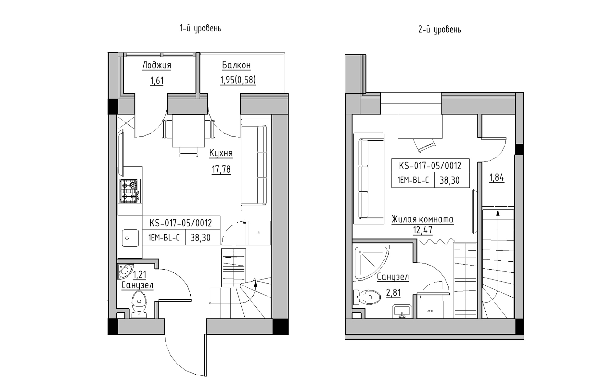 Planning 2-lvl flats area 38.3m2, KS-017-05/0012.