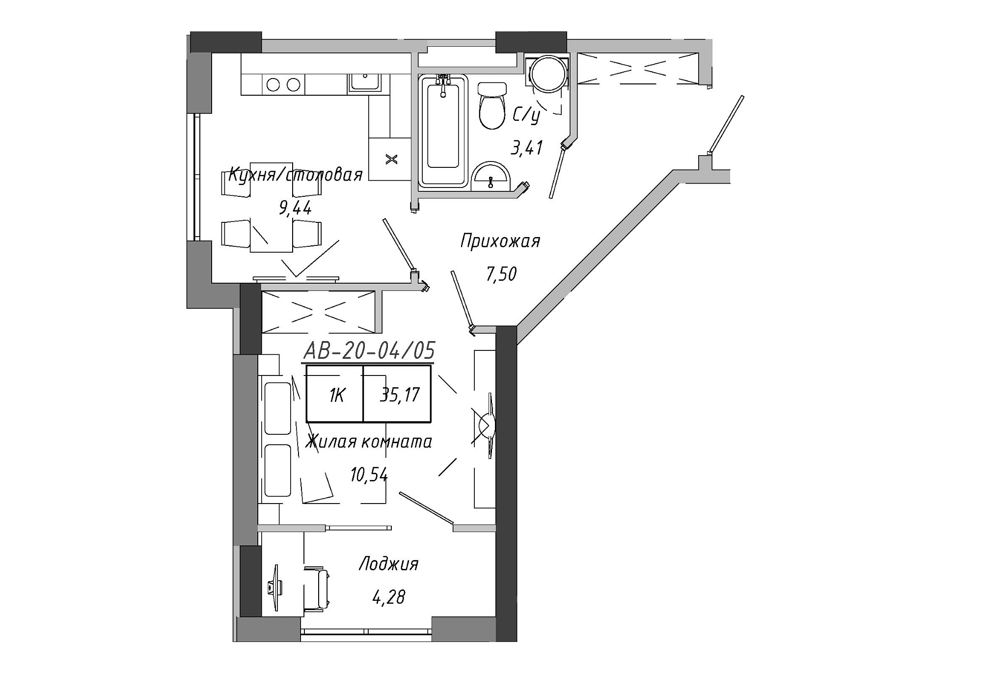 Планування 1-к квартира площею 35.17м2, AB-20-04/00005.