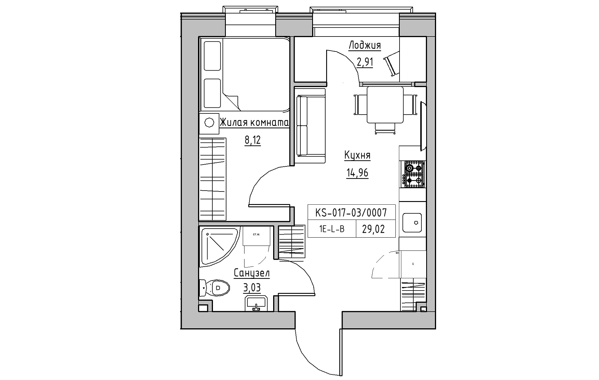 Планировка 1-к квартира площей 29.02м2, KS-017-03/0007.