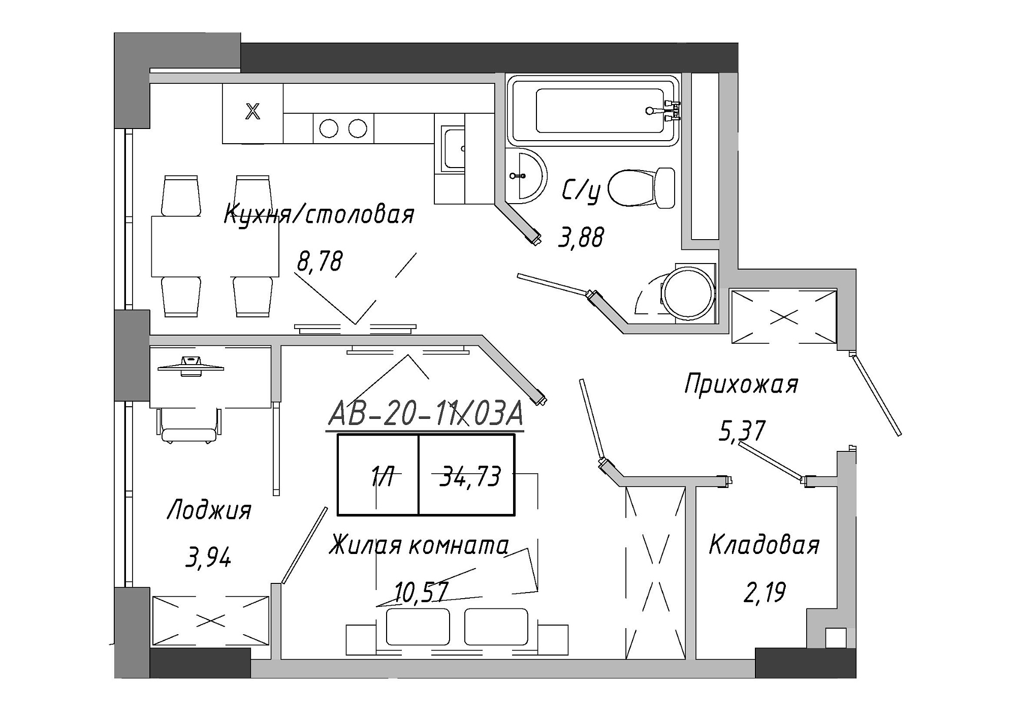 Планировка 1-к квартира площей 35.26м2, AB-20-11/0003а.