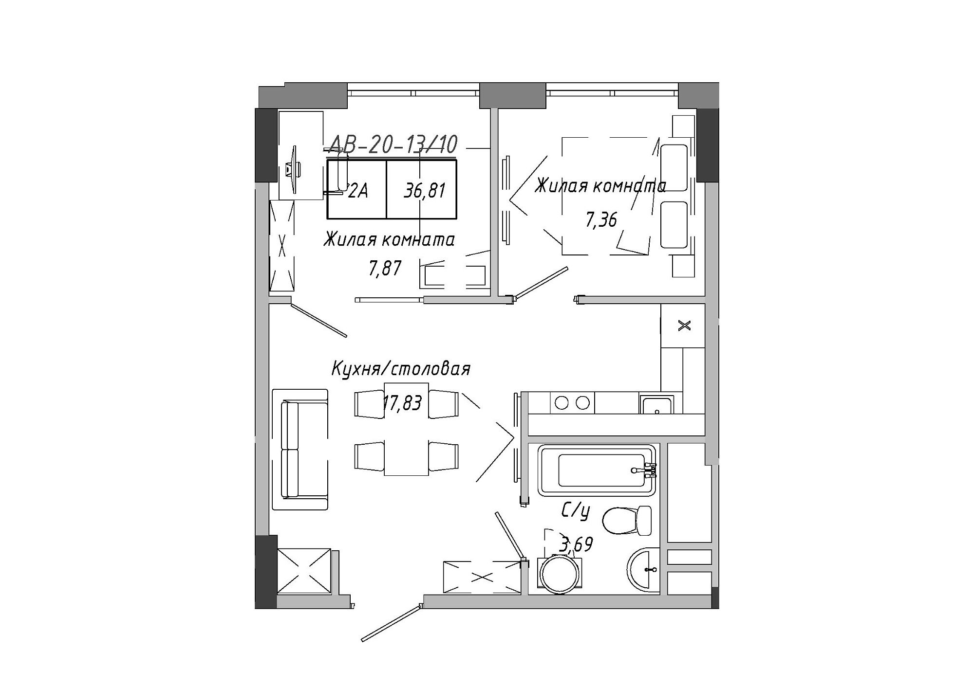 Планировка 2-к квартира площей 36.81м2, AB-20-13/00110.