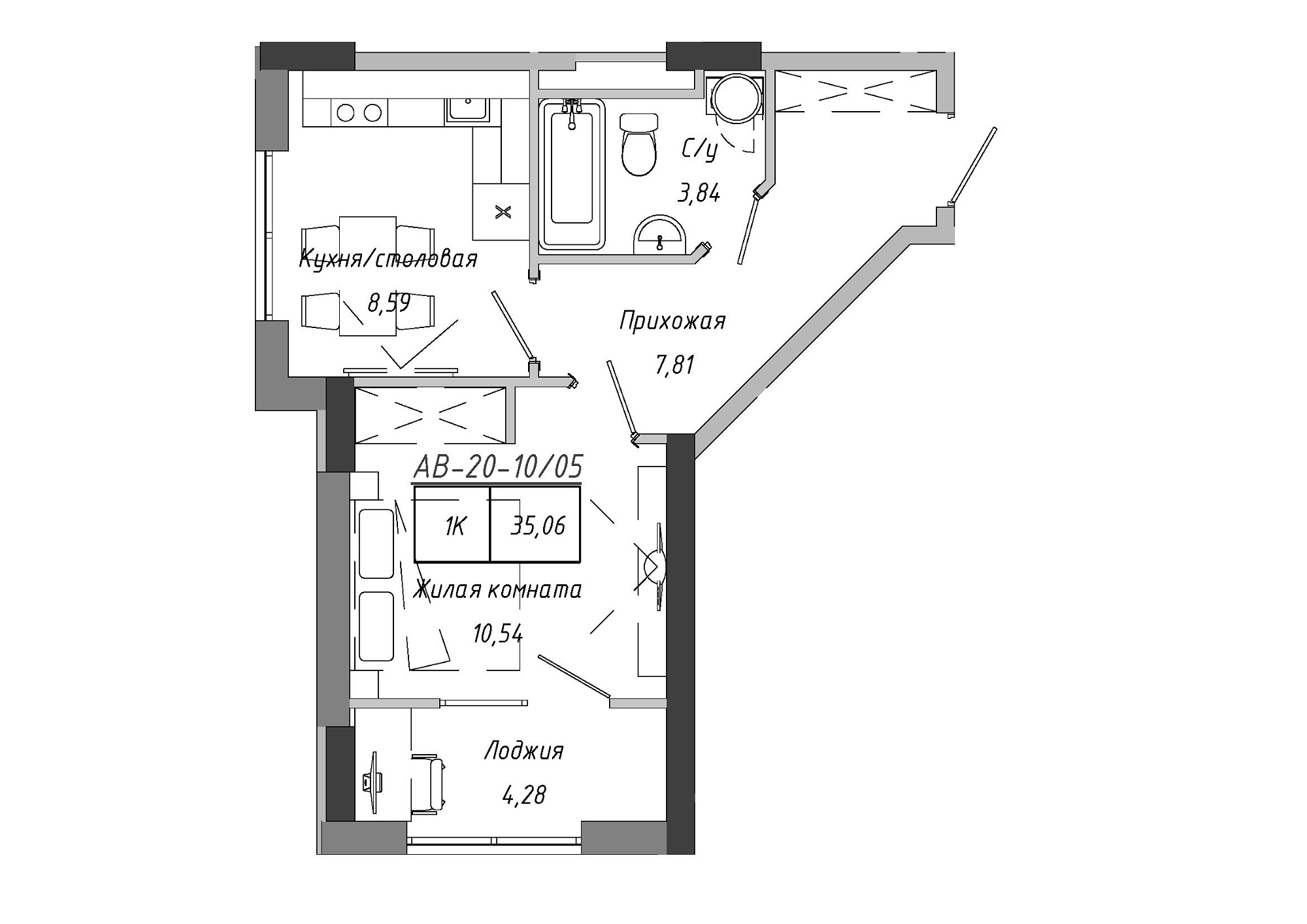 Планировка 1-к квартира площей 33.55м2, AB-20-10/00005.